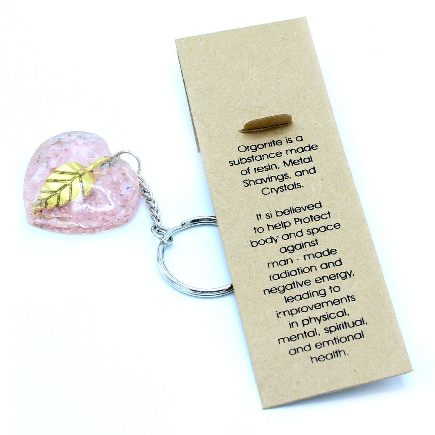 Porte-clés Orgonite - Quartz Rose Coeur & Feuille dorée