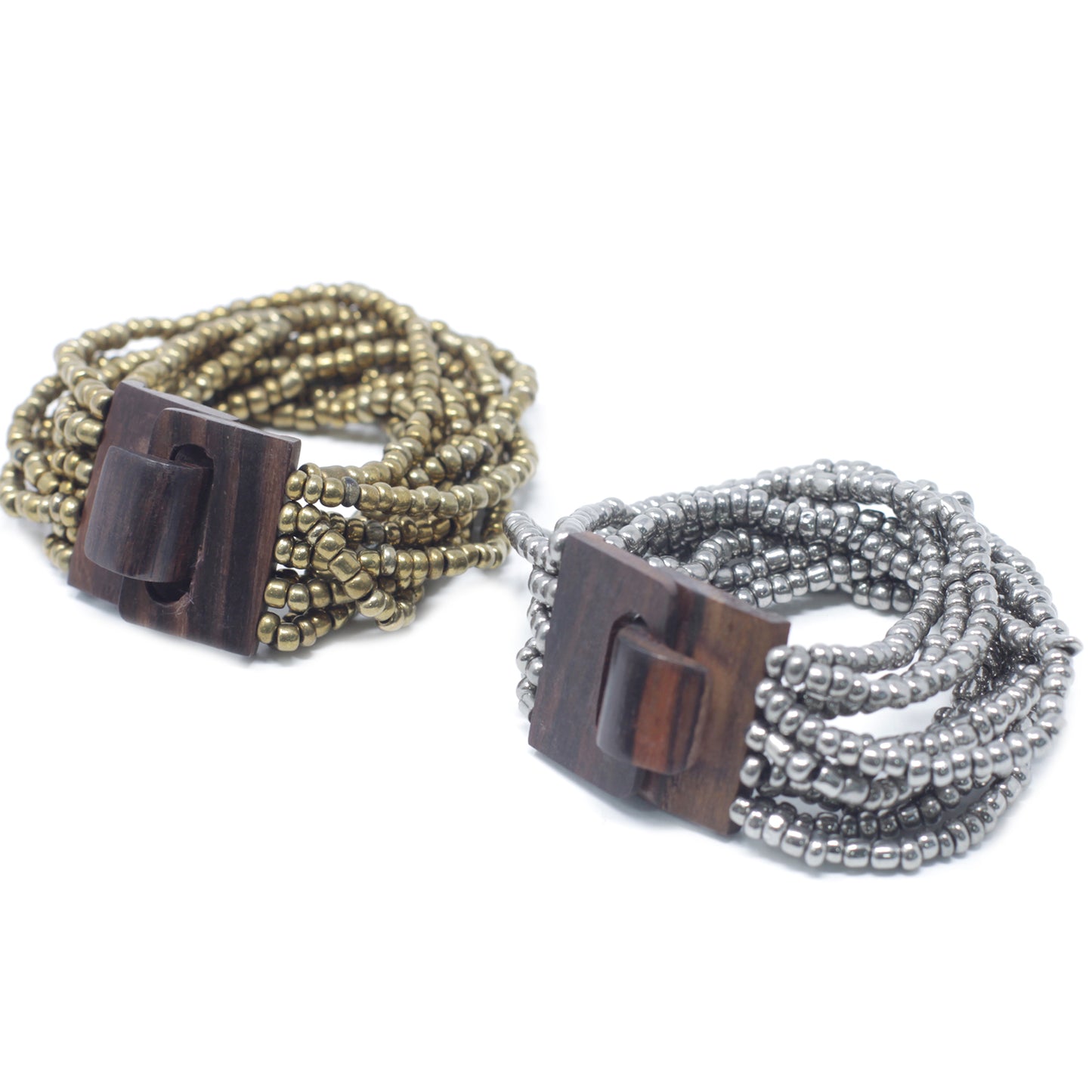 Fermoir en bois avec bracelet multi-perles - Or argenté / bronze