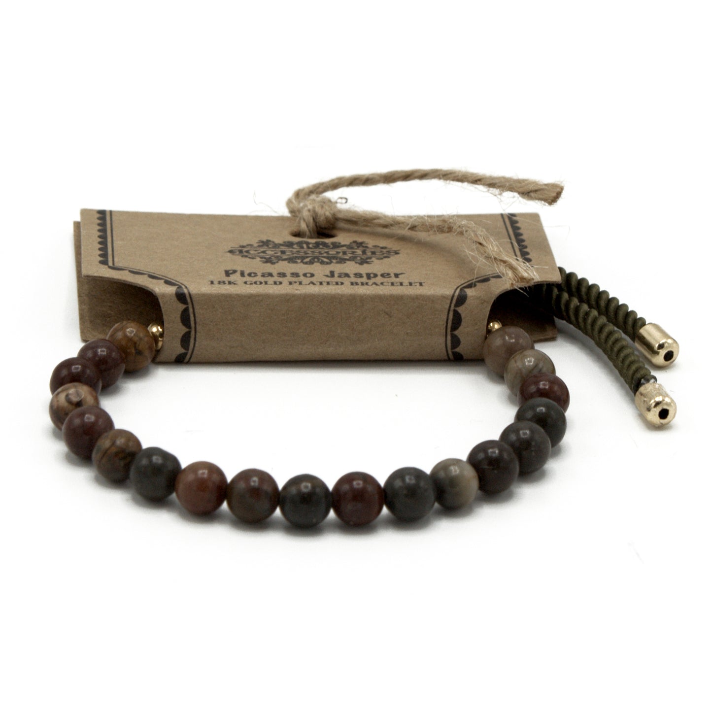 Bracelet en Gemme plaqué or 18K - Cordon Vert Mousse - Jaspe Picasso