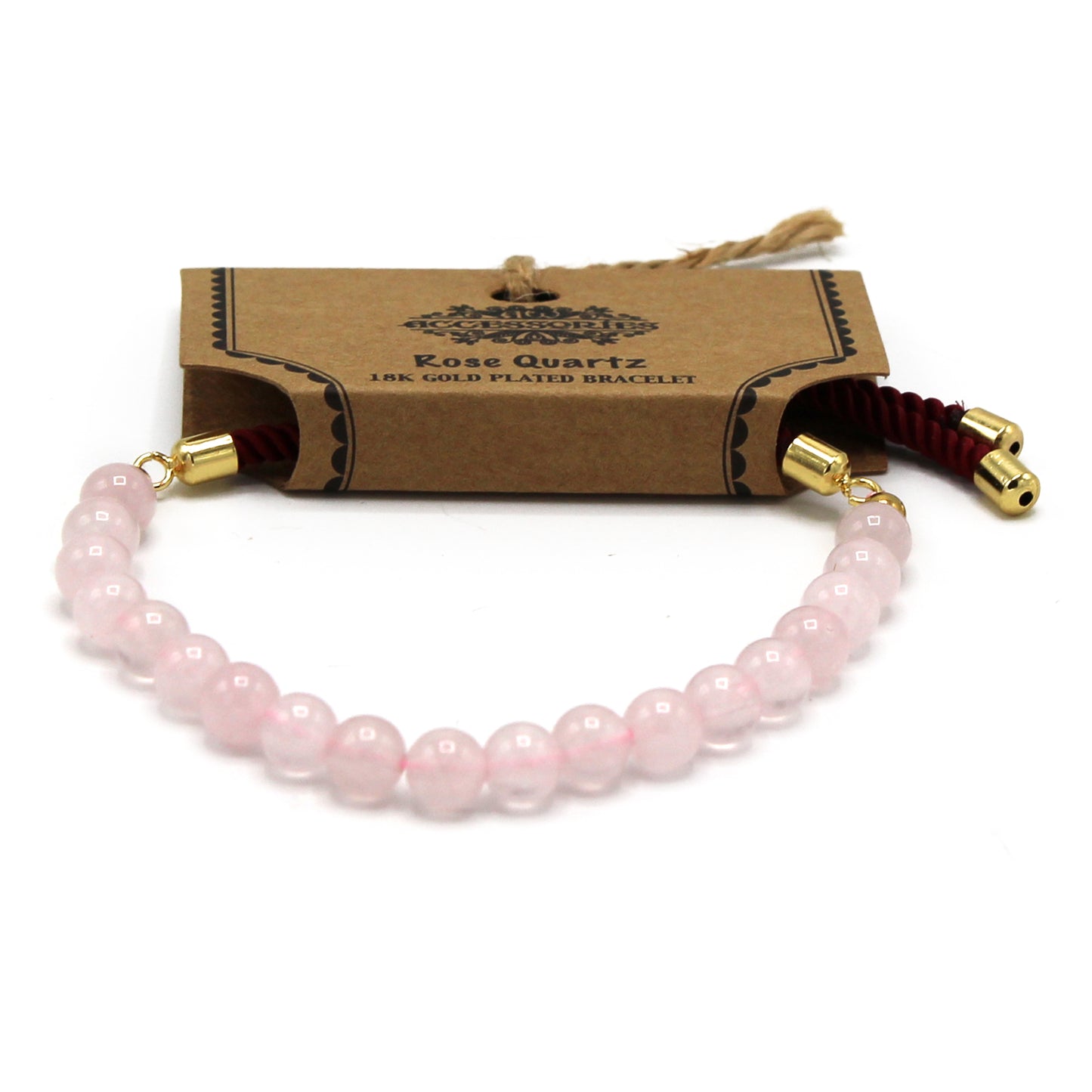 Bracelet en Gemme plaqué or 18K - Cordon Bordeaux - Quartz Rose