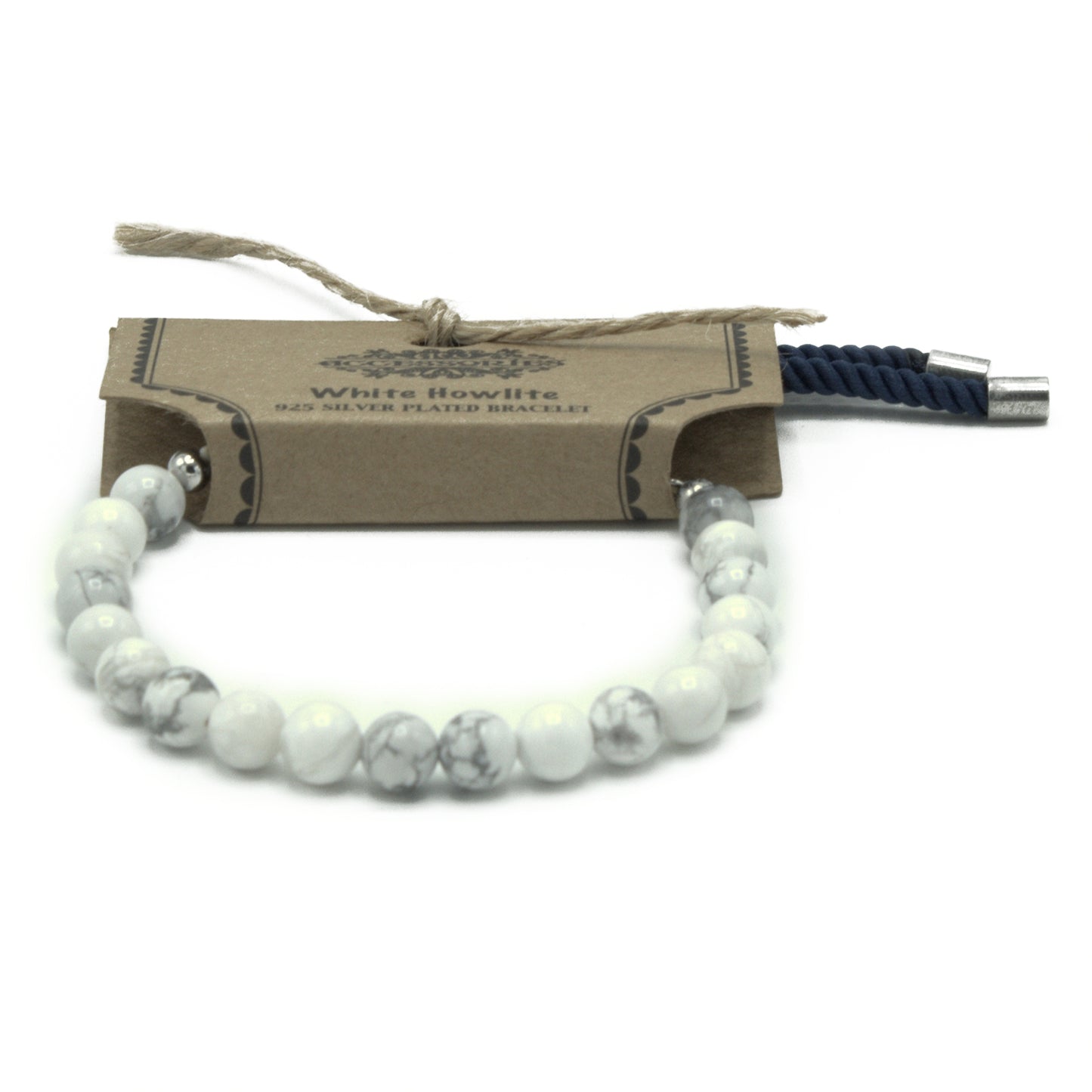 Bracelet en Gemme plaqué argent 925 - Cordon Bleu foncé - Howlite Blanche