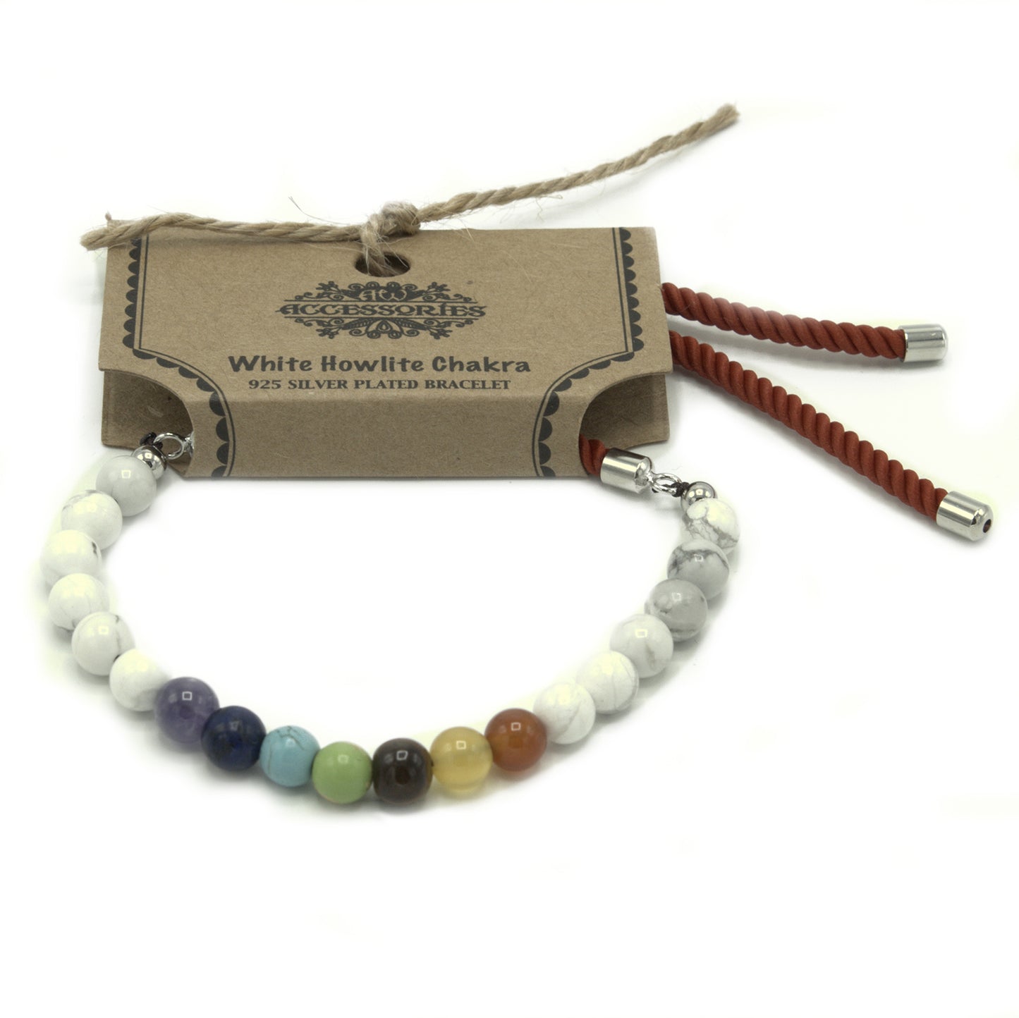 Bracelet en Gemme plaqué argent 925 - Cordon Rouge Royal - Howlite Blanche
