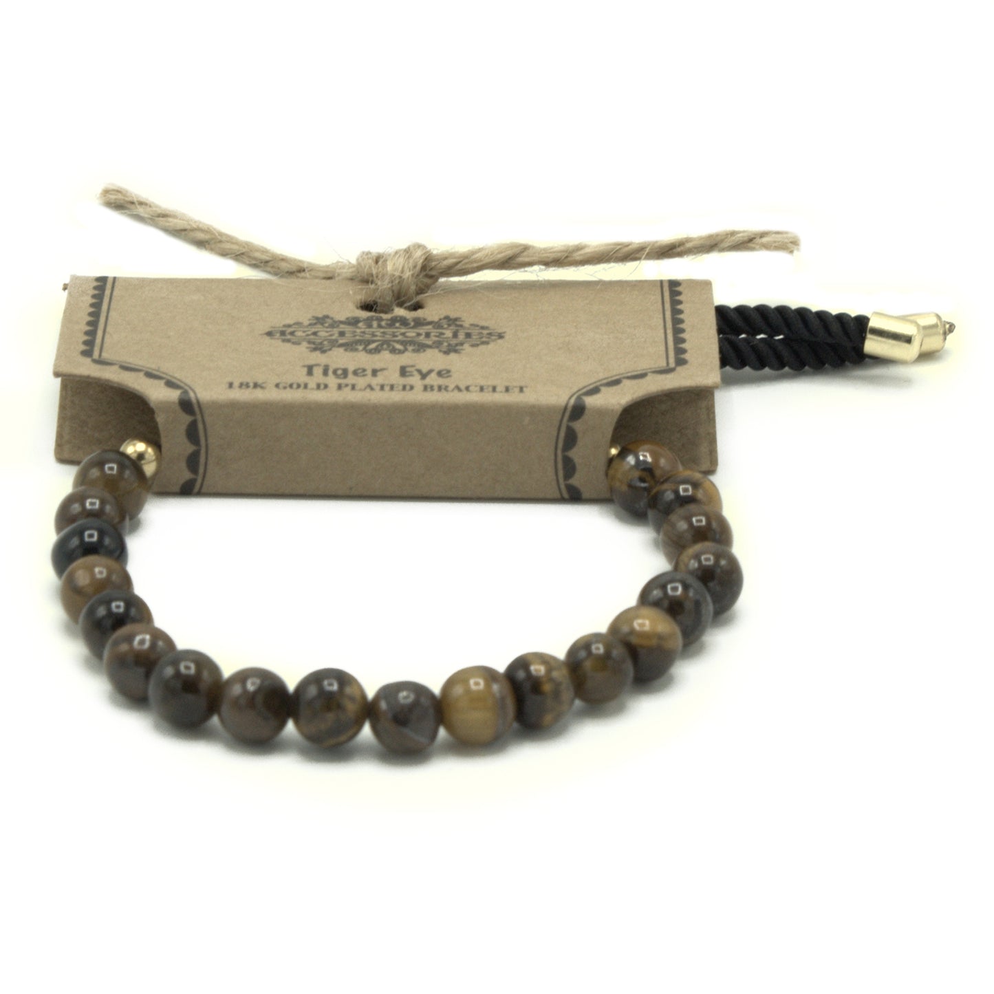 Bracelet en Gemme plaqué or 18K - Cordon Noir - Oeil Tigré