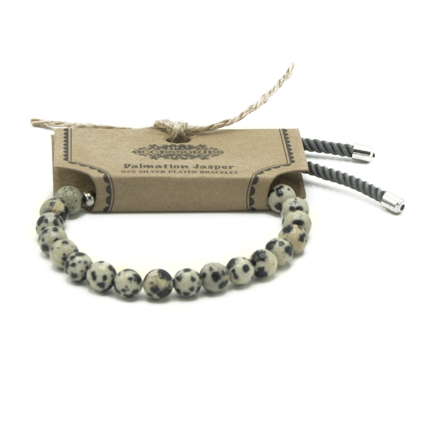 Bracelet en Gemme plaqué argent 925 - Cordon Gris - Jaspe Dalmatien