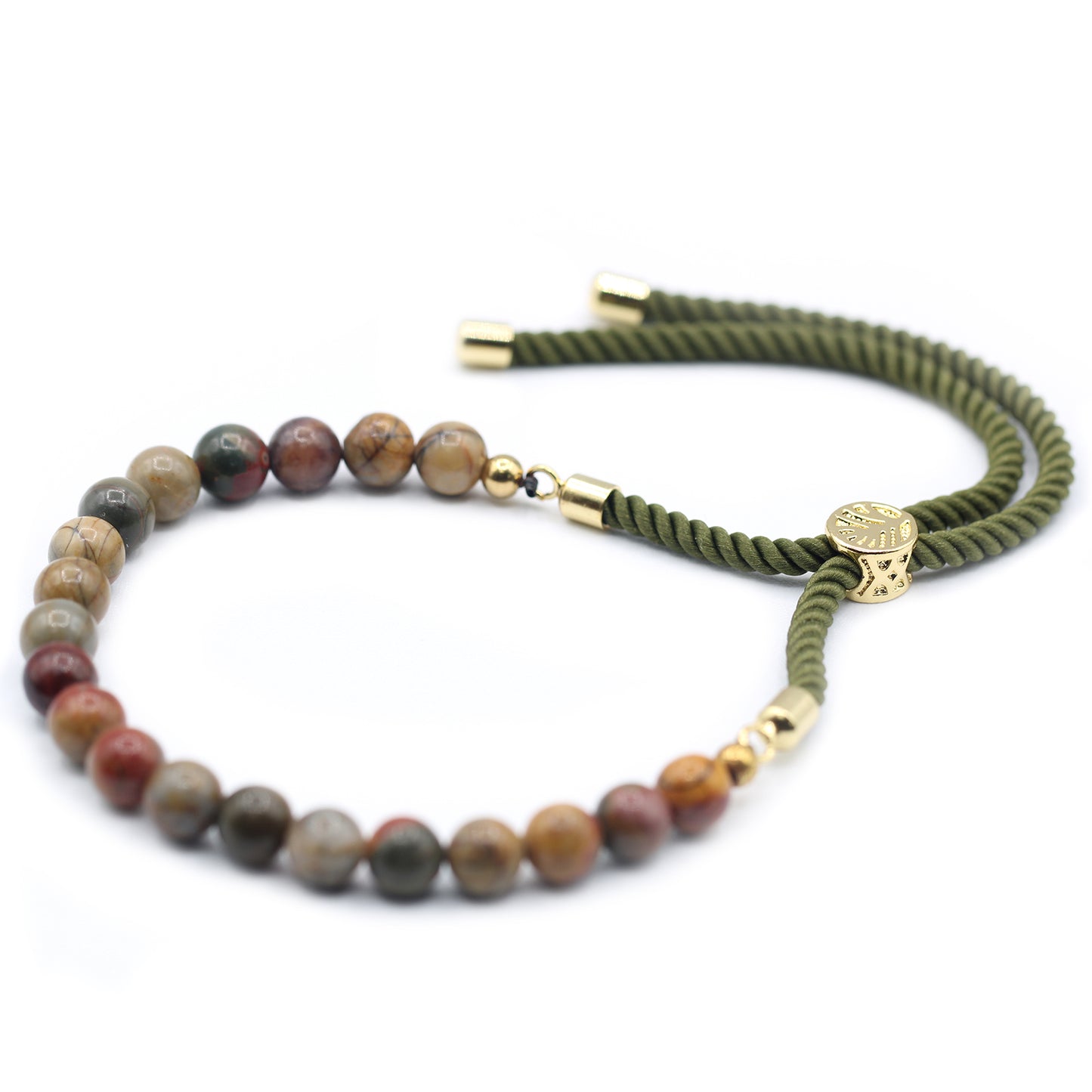Bracelet en Gemme plaqué or 18K - Cordon Vert Mousse - Jaspe Picasso