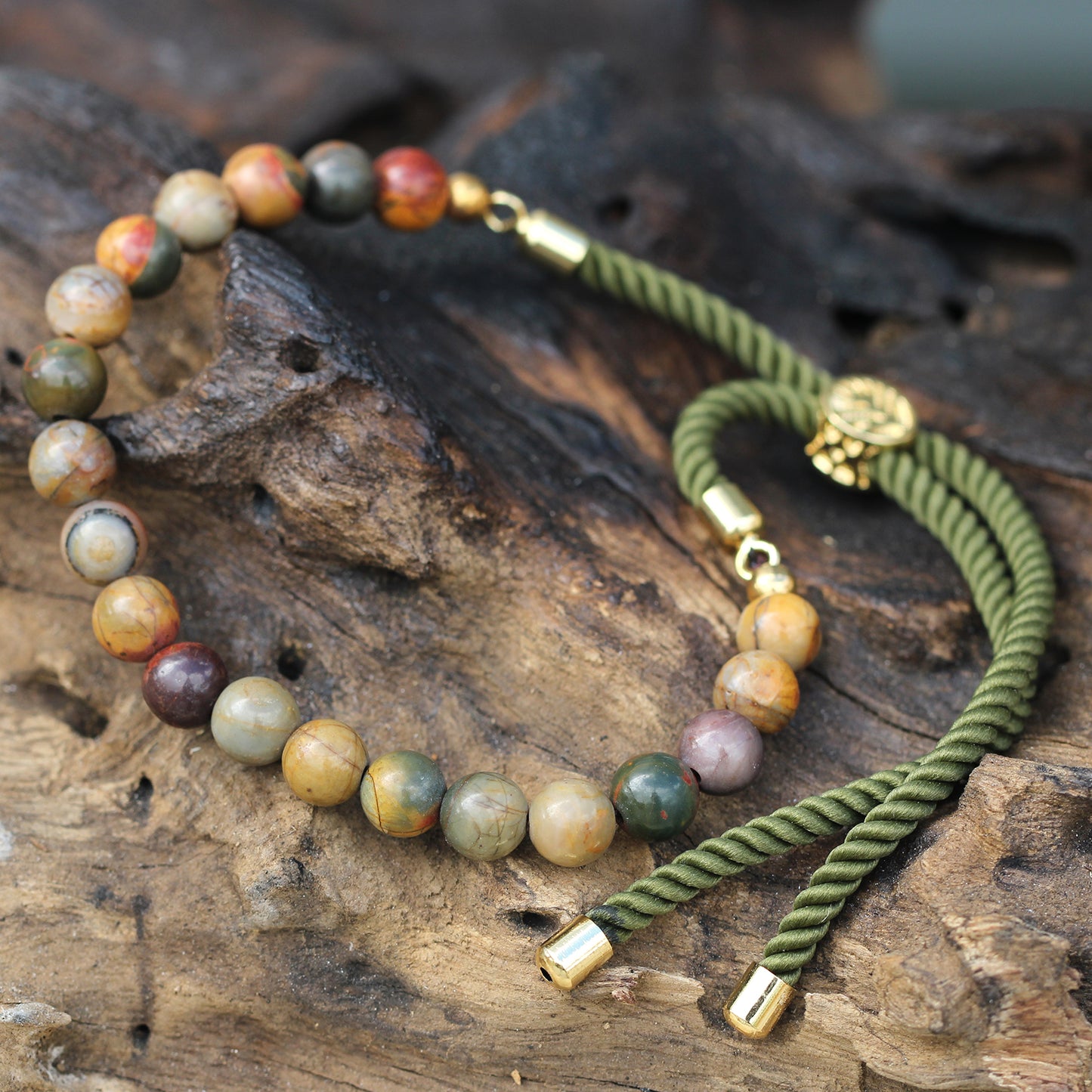 Bracelet en Gemme plaqué or 18K - Cordon Vert Mousse - Jaspe Picasso
