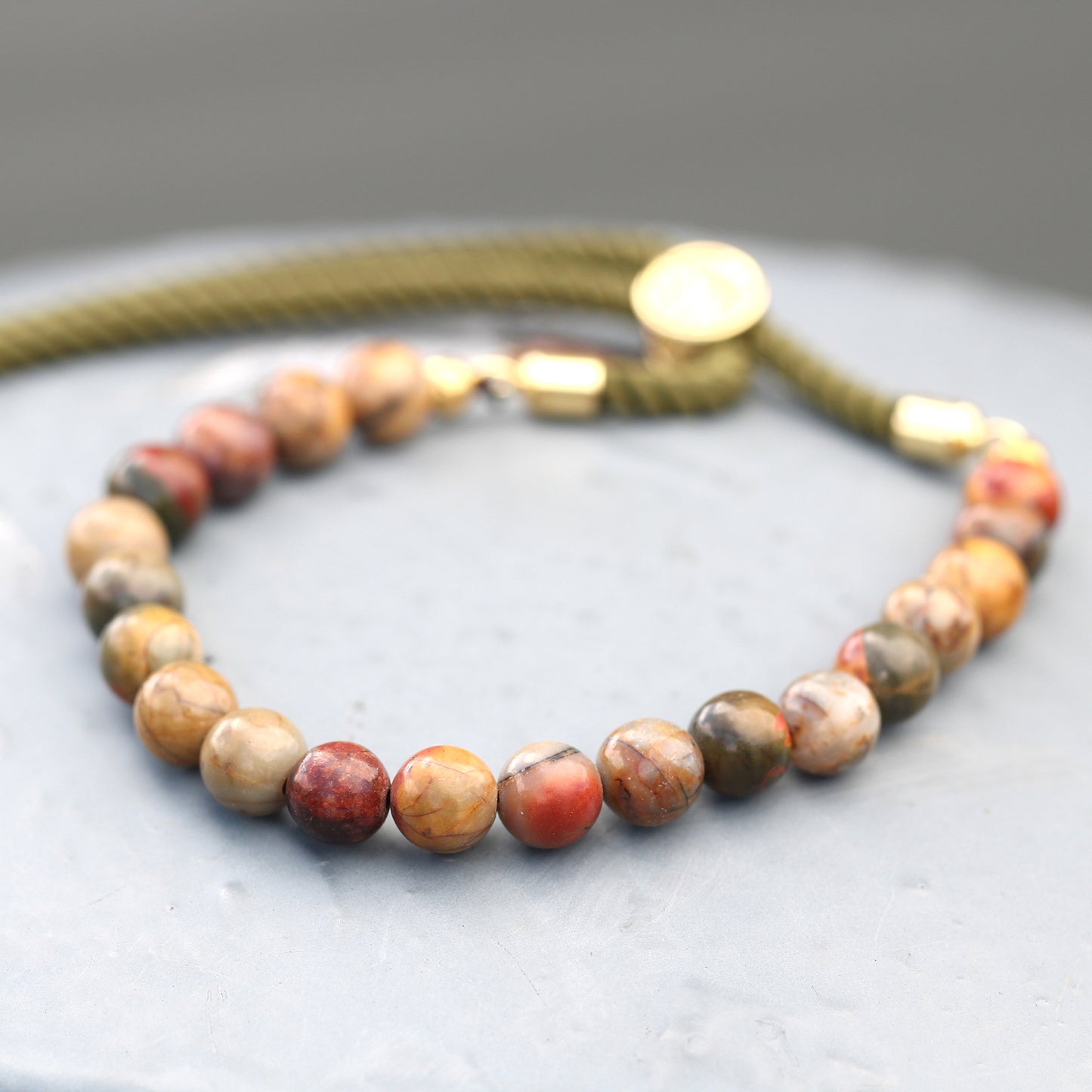 Bracelet en Gemme plaqué or 18K - Cordon Vert Mousse - Jaspe Picasso