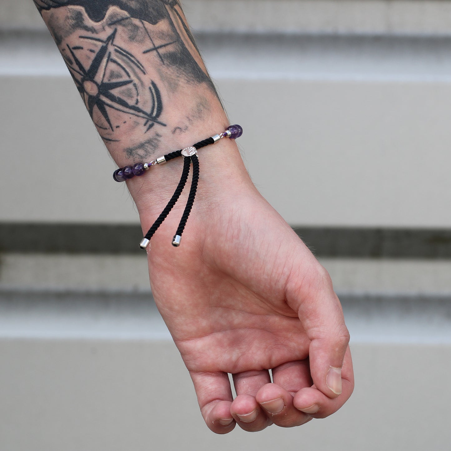 Bracelet en Gemme plaqué argent 925 - Cordon Noir - Améthyste