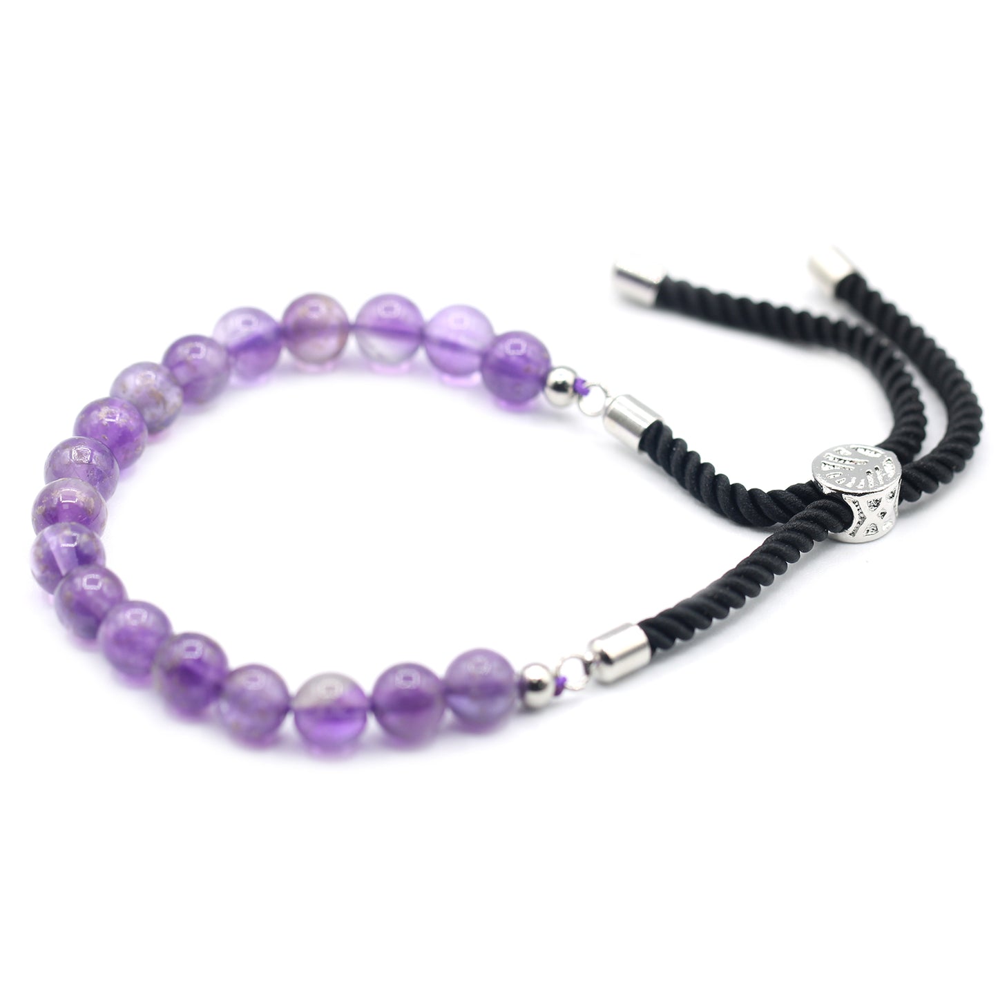 Bracelet en Gemme plaqué argent 925 - Cordon Noir - Améthyste