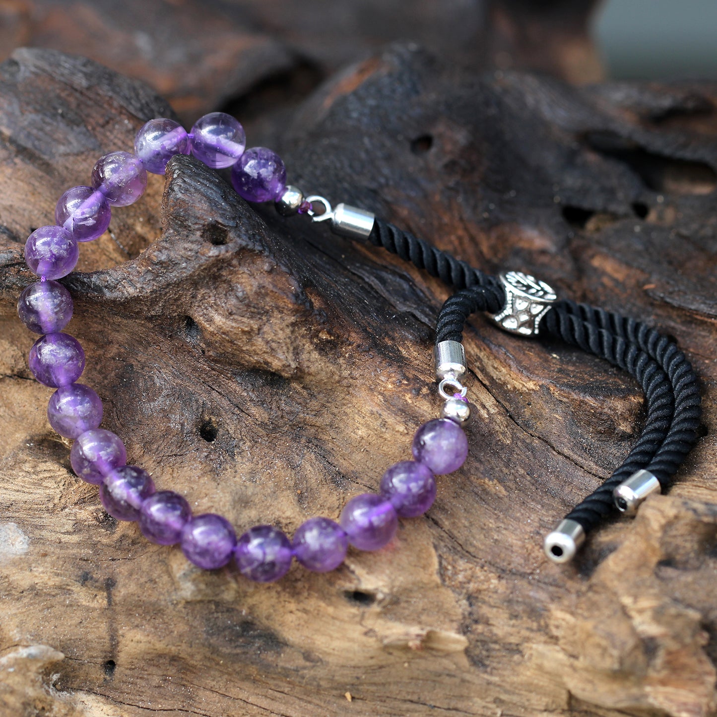 Bracelet en Gemme plaqué argent 925 - Cordon Noir - Améthyste