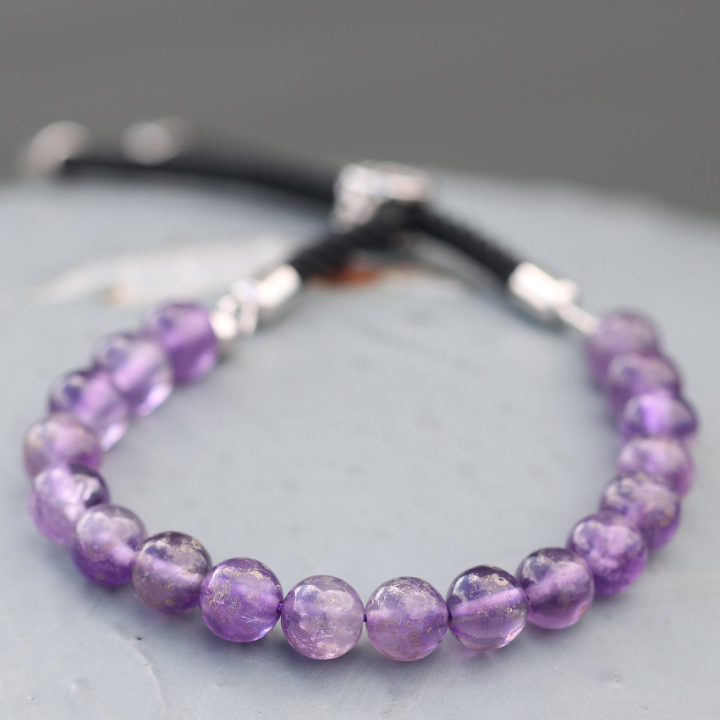 Bracelet en Gemme plaqué argent 925 - Cordon Noir - Améthyste