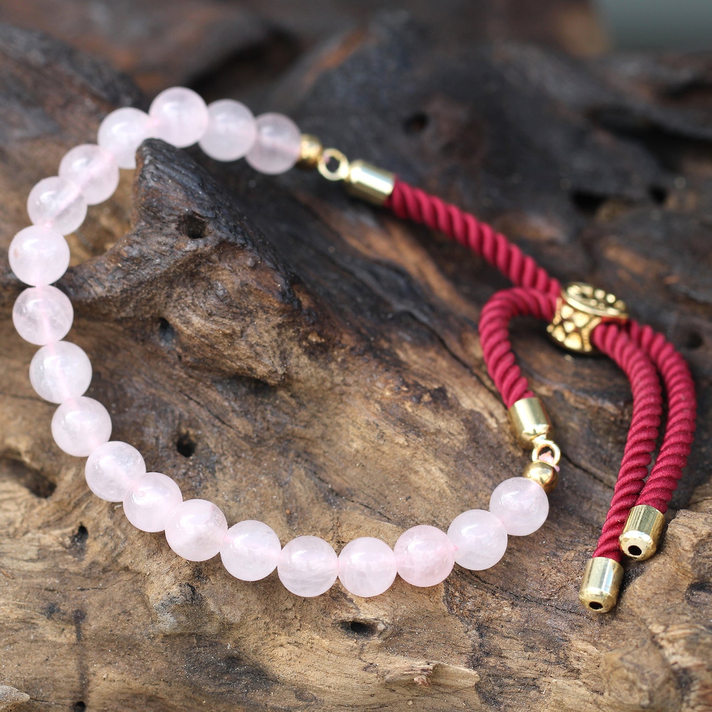 Bracelet en Gemme plaqué or 18K - Cordon Bordeaux - Quartz Rose