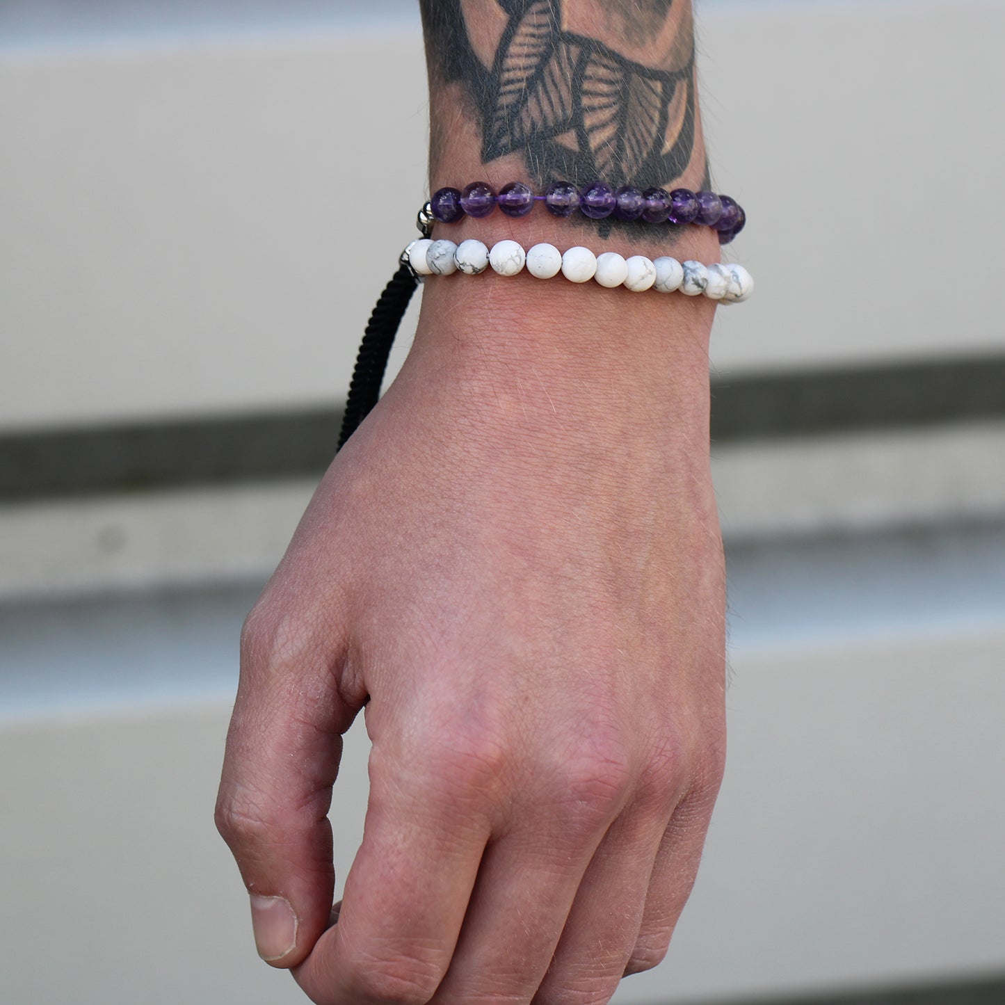 Bracelet en Gemme plaqué argent 925 - Cordon Bleu foncé - Howlite Blanche