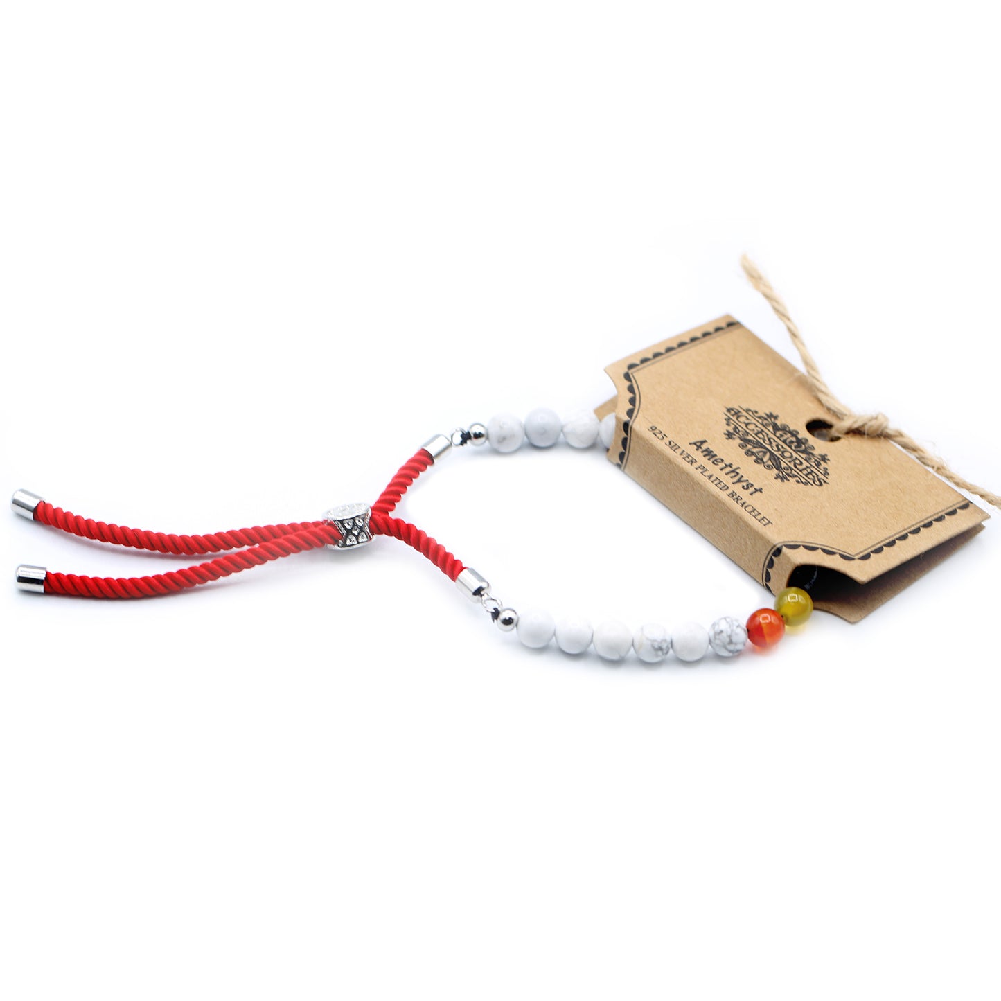 Bracelet en Gemme plaqué argent 925 - Cordon Rouge Royal - Howlite Blanche