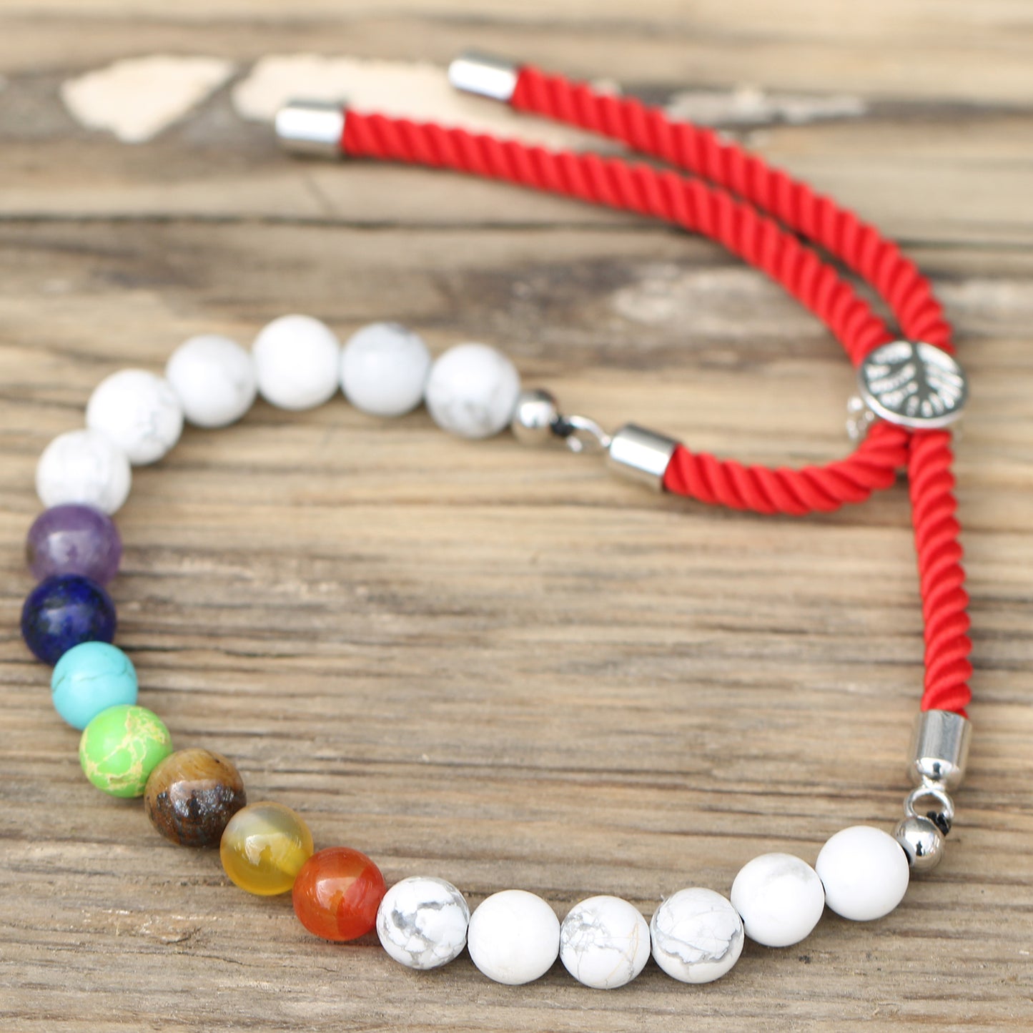 Bracelet en Gemme plaqué argent 925 - Cordon Rouge Royal - Howlite Blanche