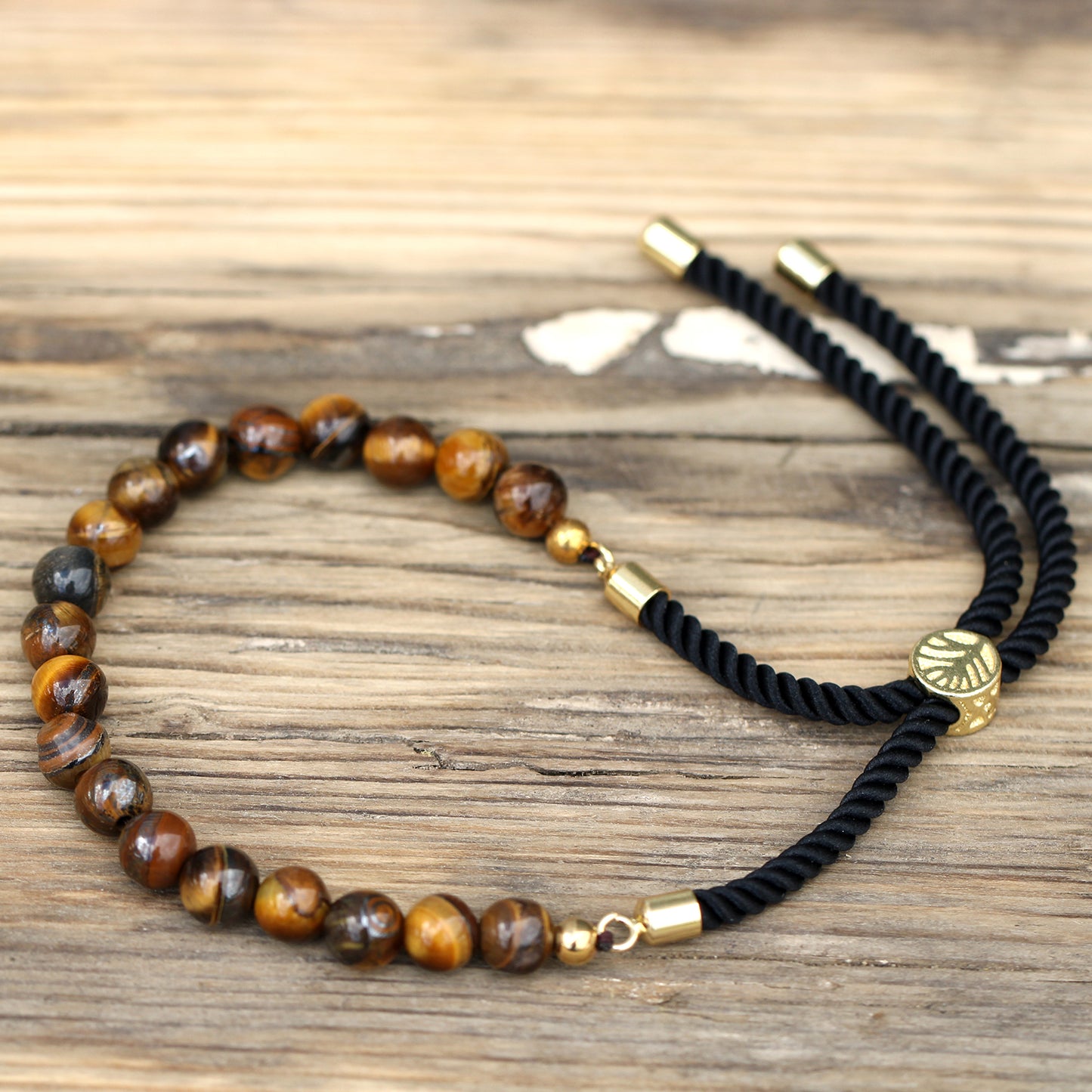 Bracelet en Gemme plaqué or 18K - Cordon Noir - Oeil Tigré