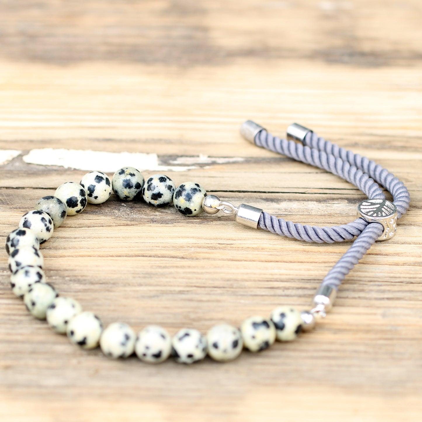 Bracelet en Gemme plaqué argent 925 - Cordon Gris - Jaspe Dalmatien