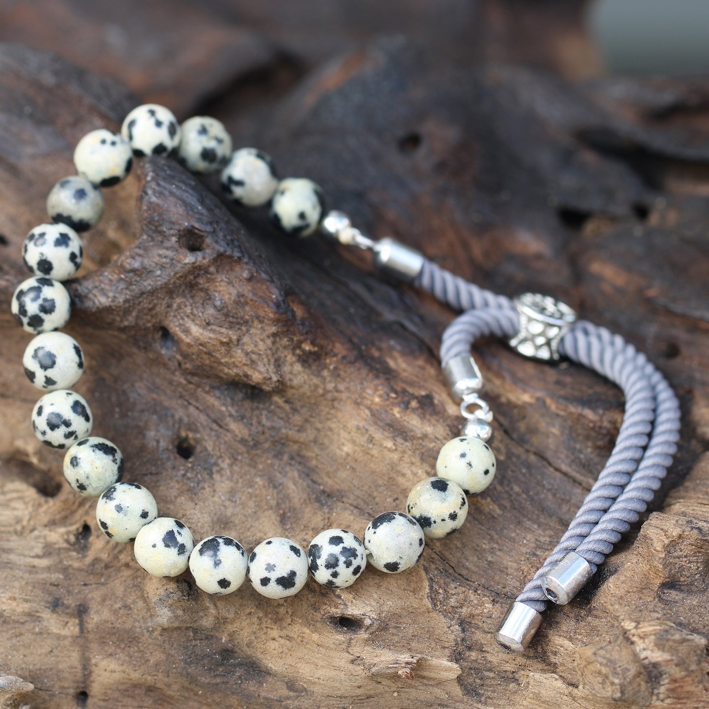 Bracelet en Gemme plaqué argent 925 - Cordon Gris - Jaspe Dalmatien