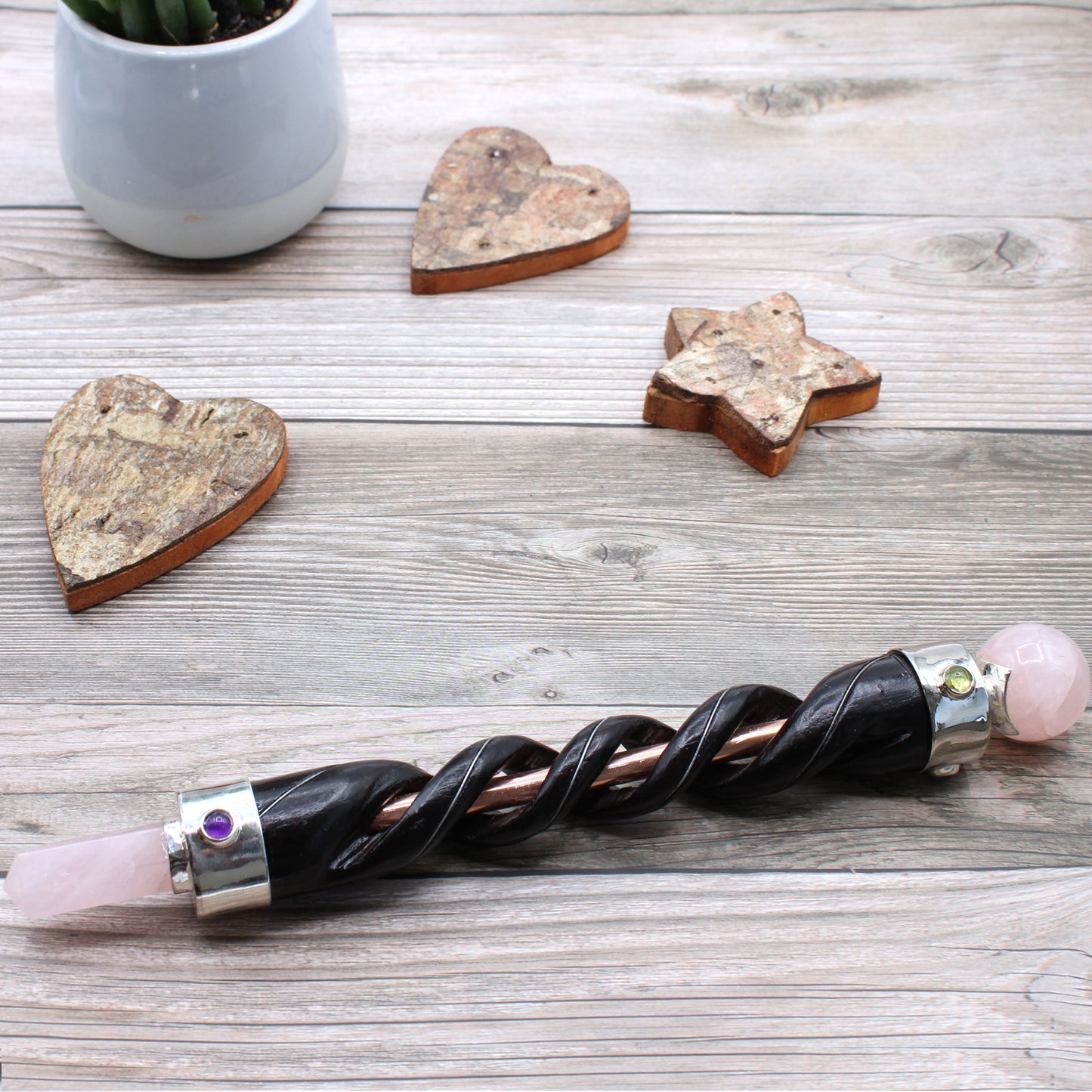 Baguette de guérison en spirale - Pipe en cuivre Quartz rose