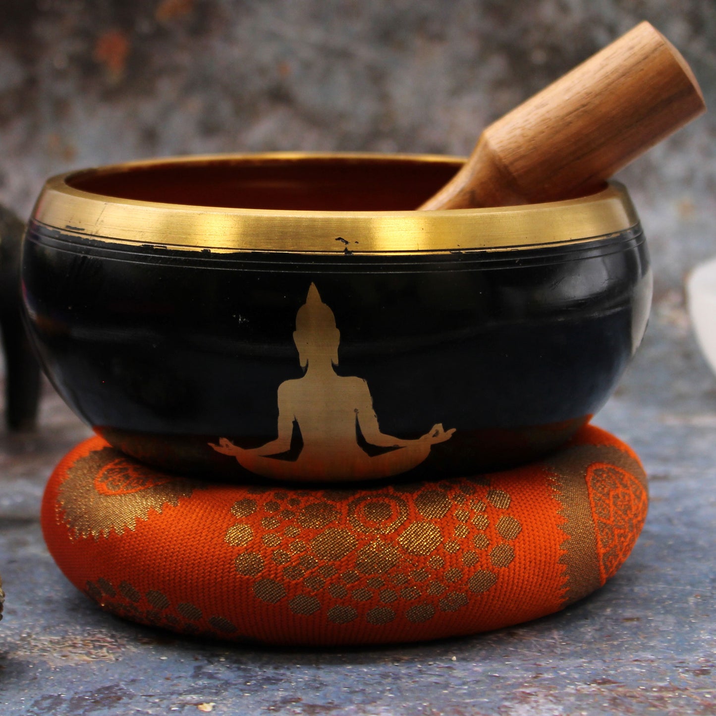 Ensemble Bols Chantants Bouddha - Grand - Noir/Orange 14cm