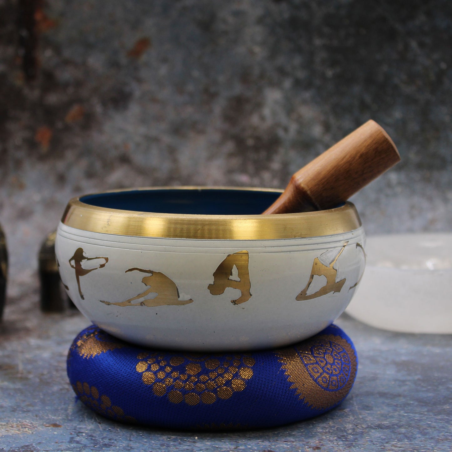 Ensemble de Bols Chantants Posture de Yoga - Grand - Blanc/Bleu 14cm