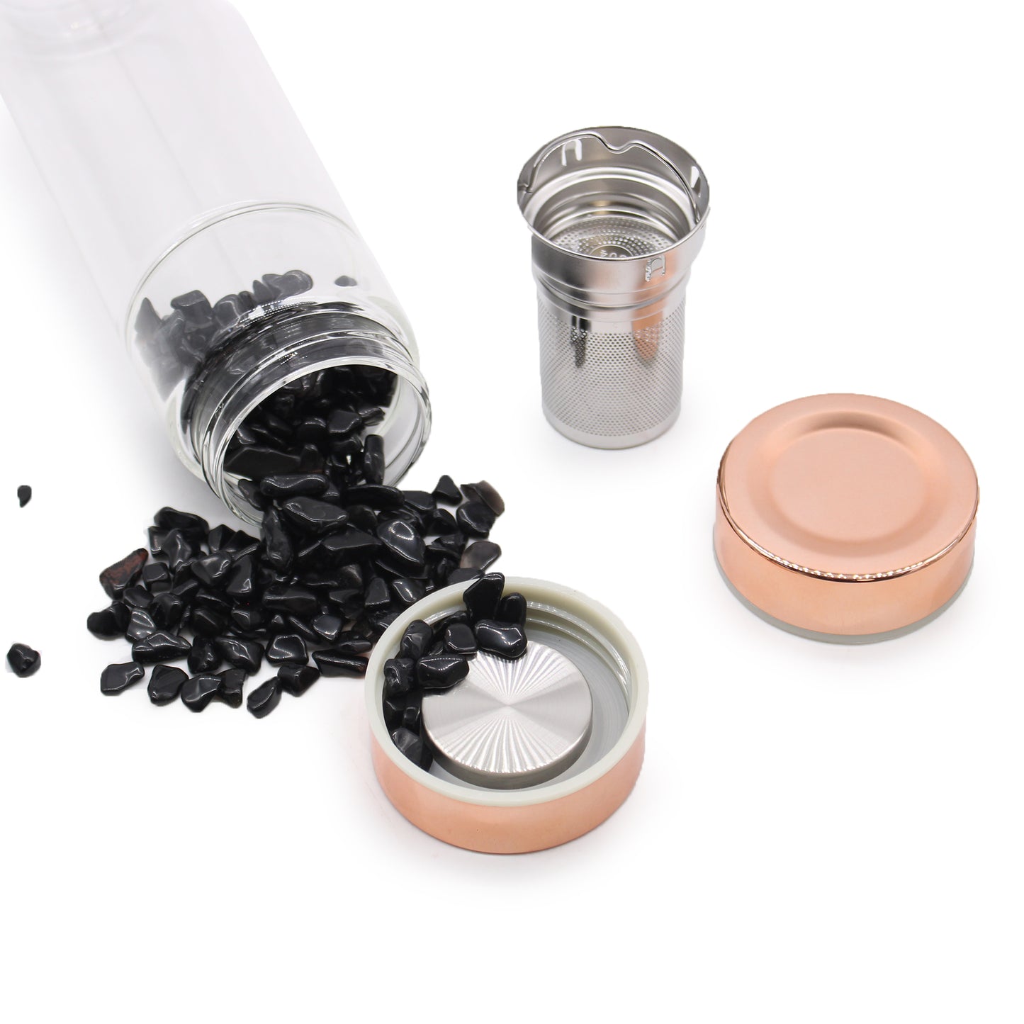 Bouteille Infuseur à Thé en Verre de Cristal - Or Rose - Quartz Roche