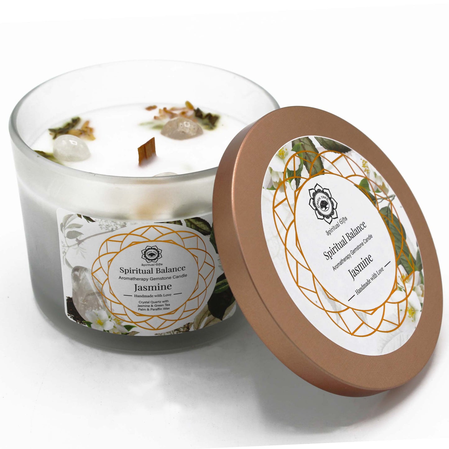 Bougie au Jasmin avec Pierre Précieuse Quartz Cristallin - Equilibre spirituel