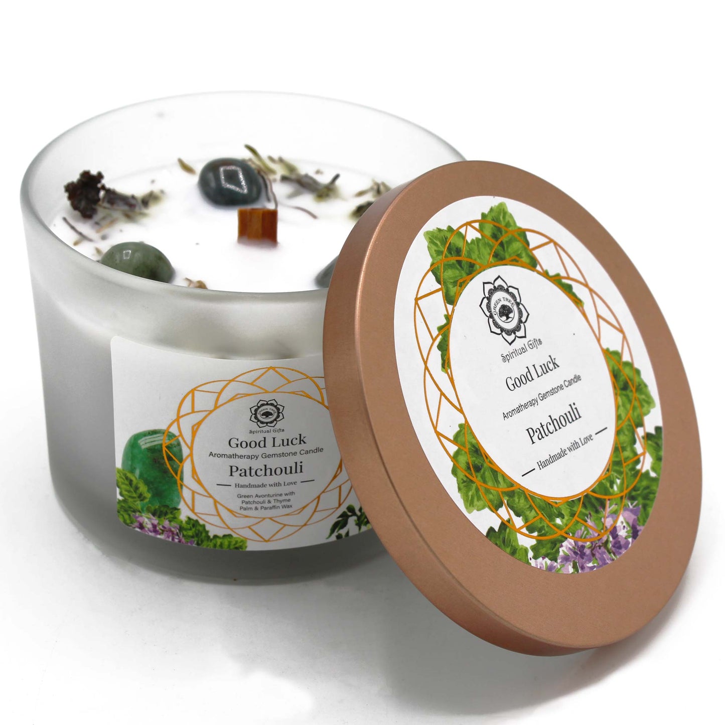 Bougie au Patchouli avec Pierre Précieuse Aventurine Verte - Bonne chance