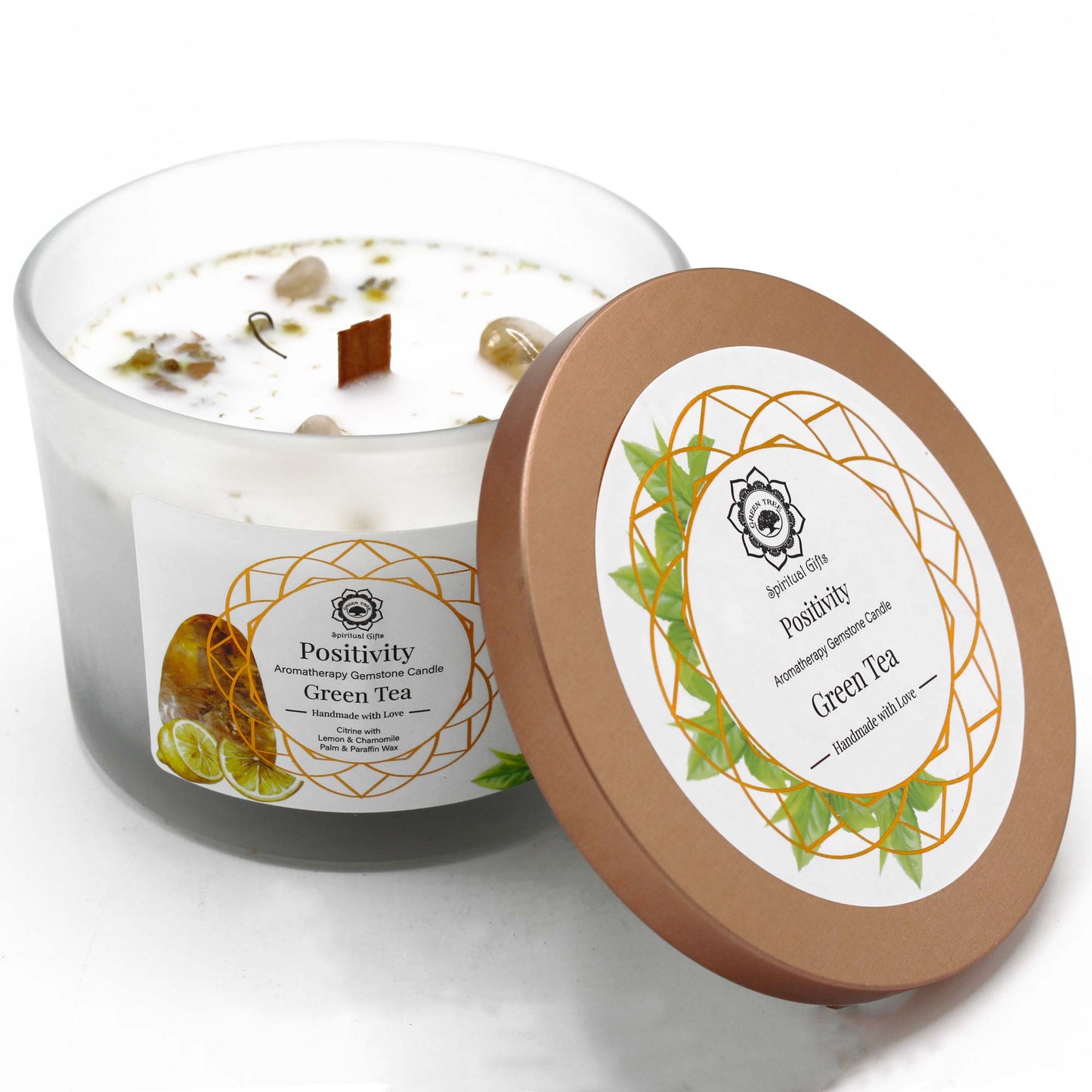 Bougie au Thé Vert avec Pierre Précieuse Citrine - Positivité