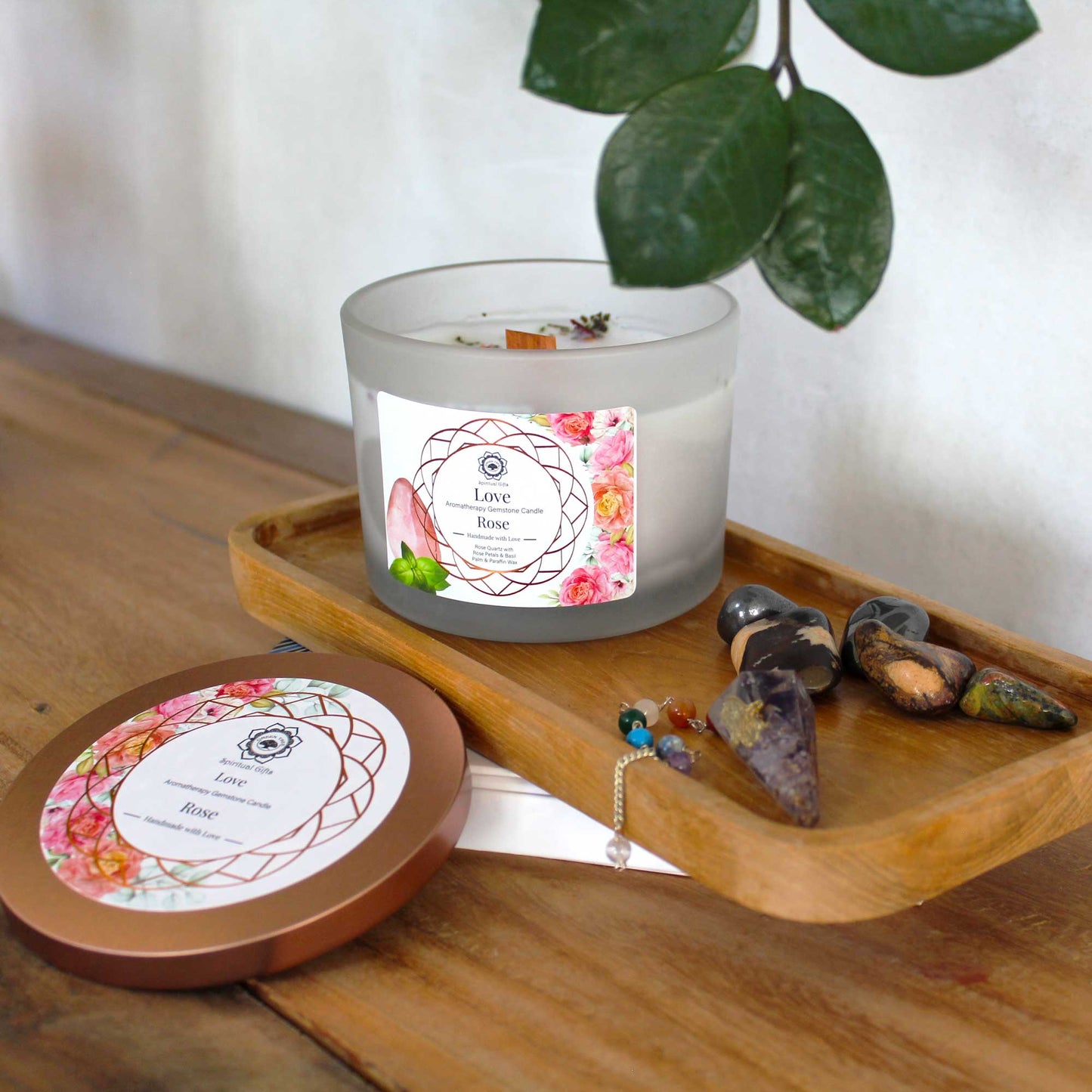 Bougie à la Rose avec Pierre Précieuse Quartz rose - Amour