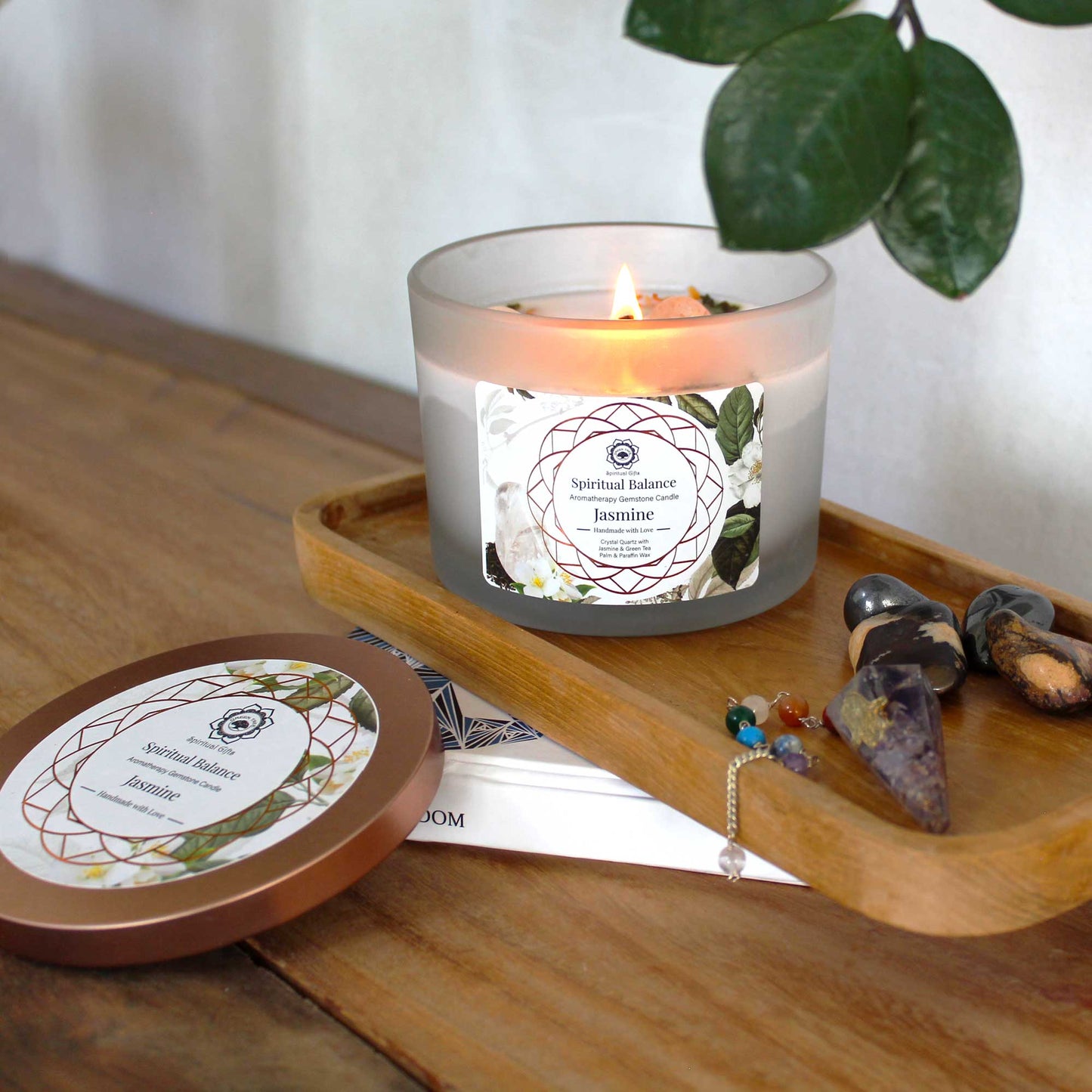Bougie au Jasmin avec Pierre Précieuse Quartz Cristallin - Equilibre spirituel