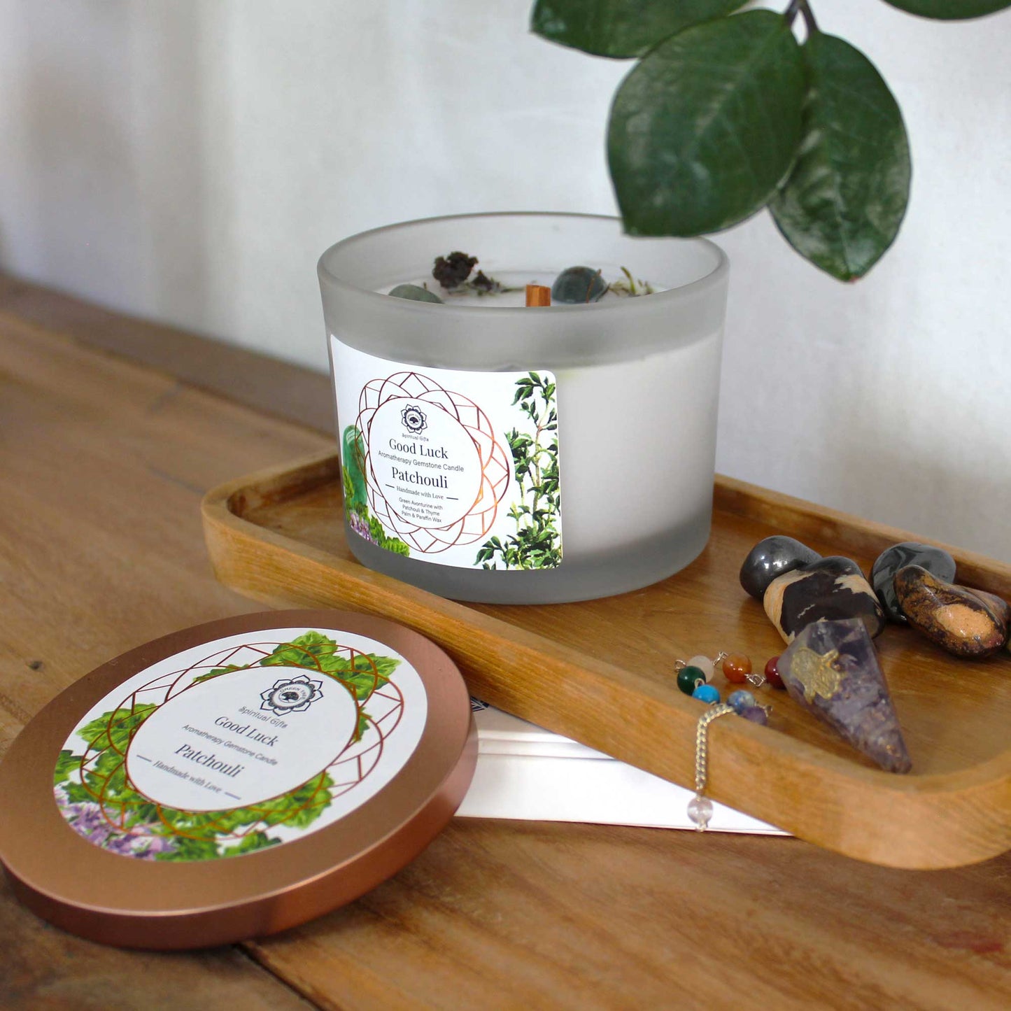 Bougie au Patchouli avec Pierre Précieuse Aventurine Verte - Bonne chance