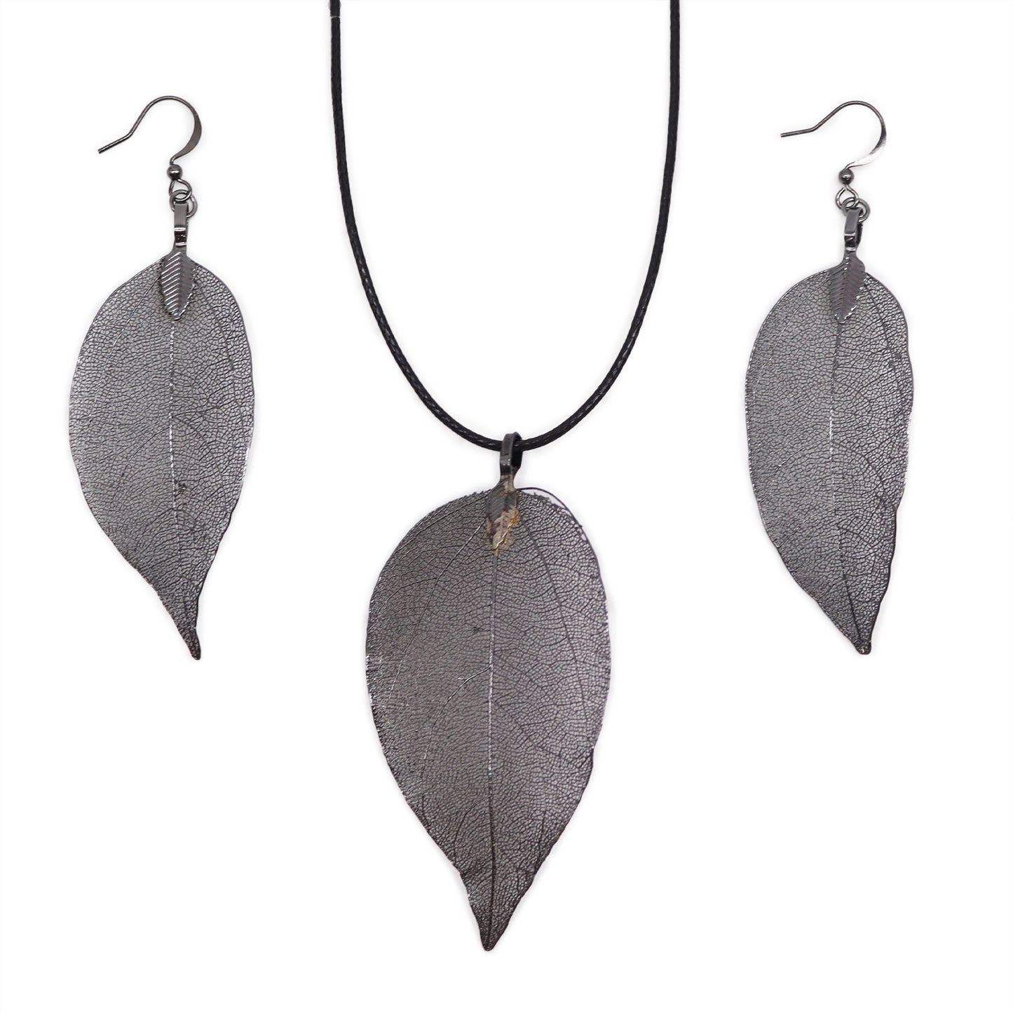 Set Collier Boucles d'Oreilles- Feuilles en Gouttes - Etain