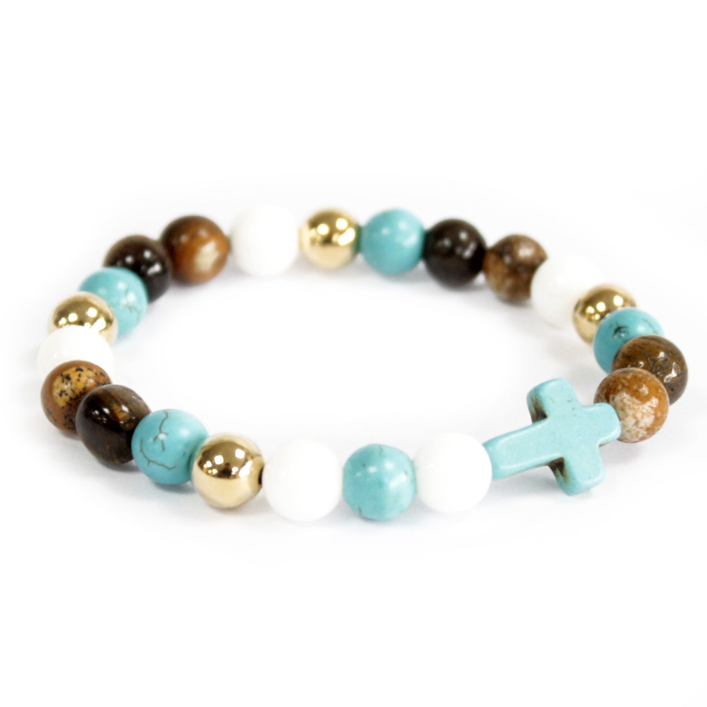 Bracelet Pierres Précieuses - Croix Howlite Turquoise / Perles Royales