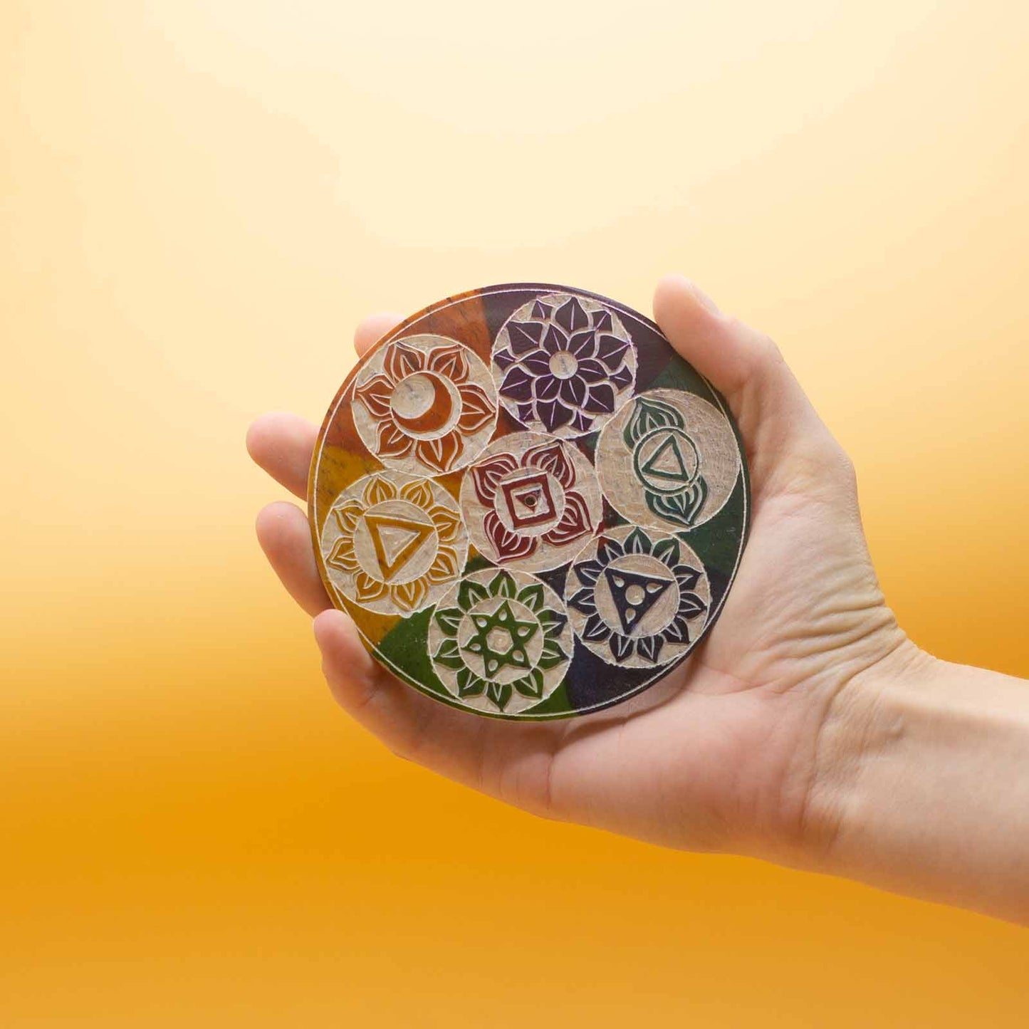 Porte-Encens Disque en Stéatite 10cm - Sept chakras