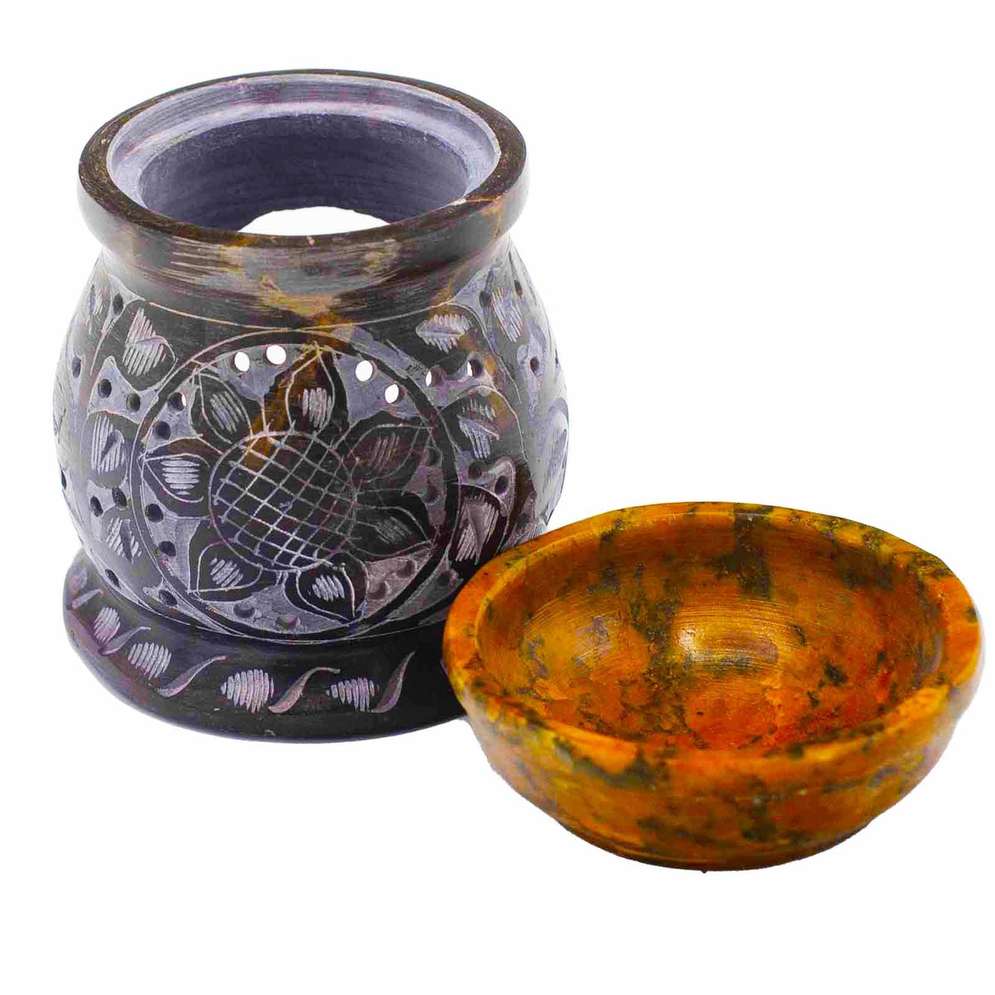 Brûleur à Huile en Pierre Ollaire 10cm - Fleur Mandala - Noir & Jaune