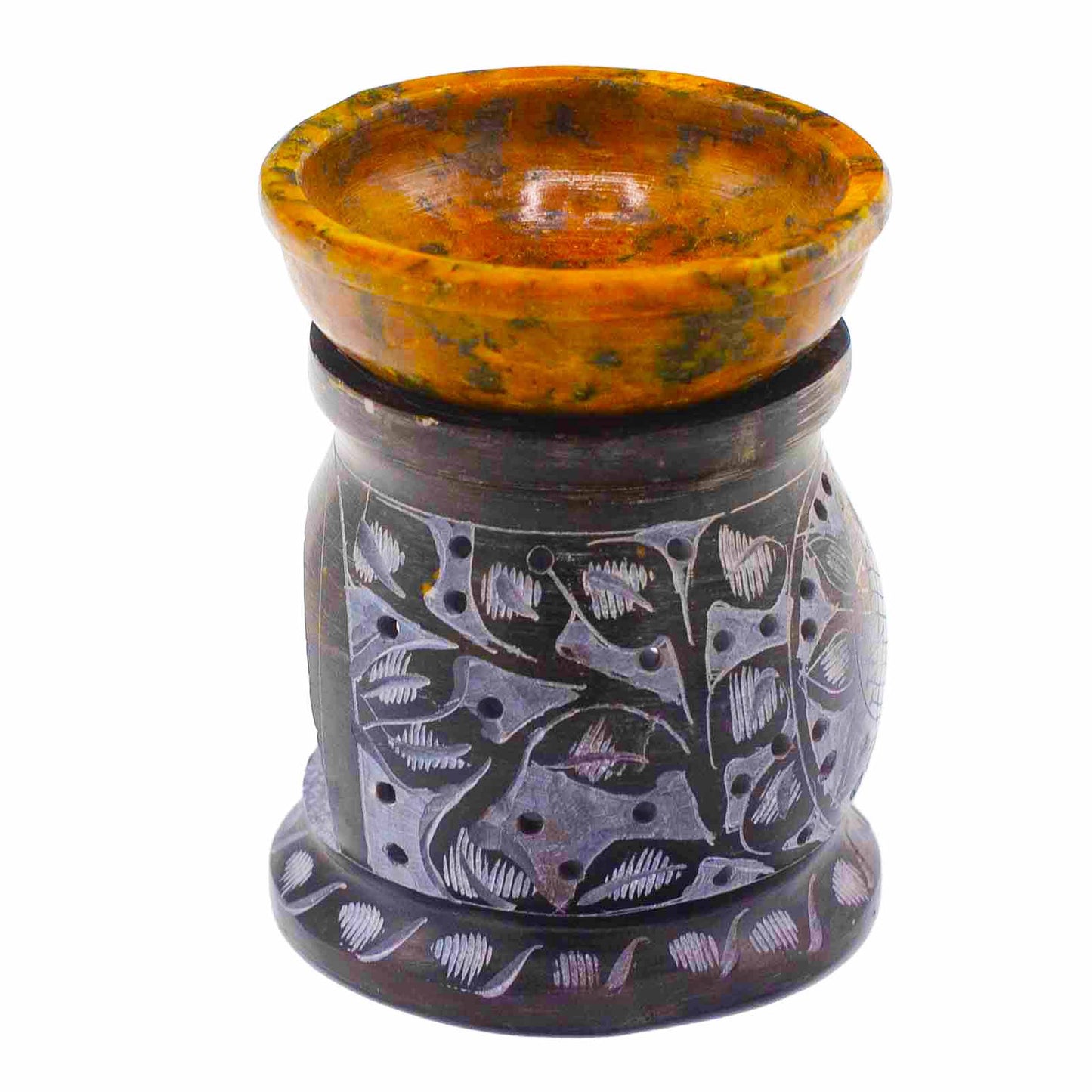 Brûleur à Huile en Pierre Ollaire 10cm - Fleur Mandala - Noir & Jaune