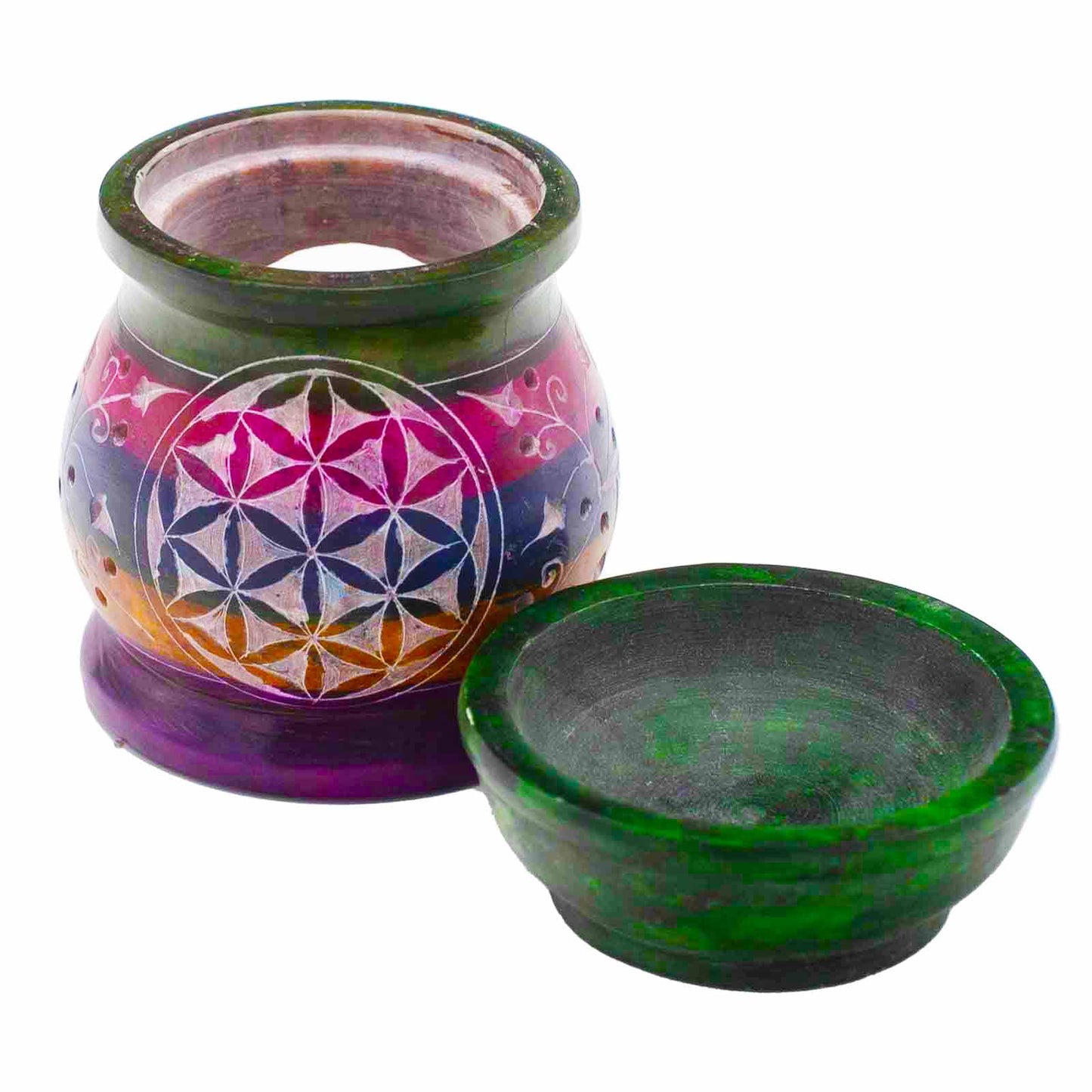 Brûleur à Huile en Pierre Ollaire 10cm - Fleur de Vie - Cinq couleurs