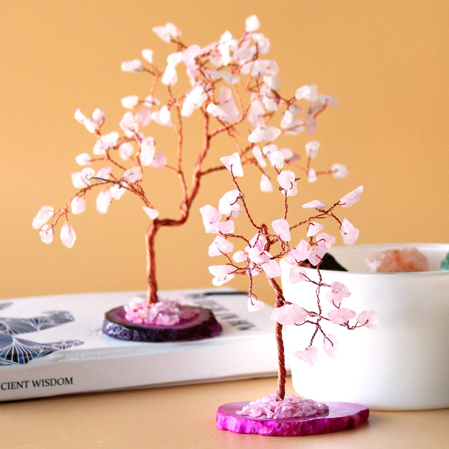 Grand Arbre de Pierres Précieuses - Quartz rose surBase d'Agate Naturelle Rose (100 pierres)