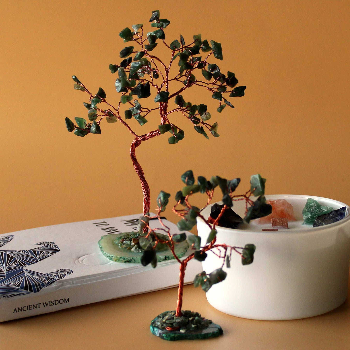 Grand Arbre de Pierres Précieuses - Aventurine verte sur Base d'Agate Naturelle Verte (100 pierres)
