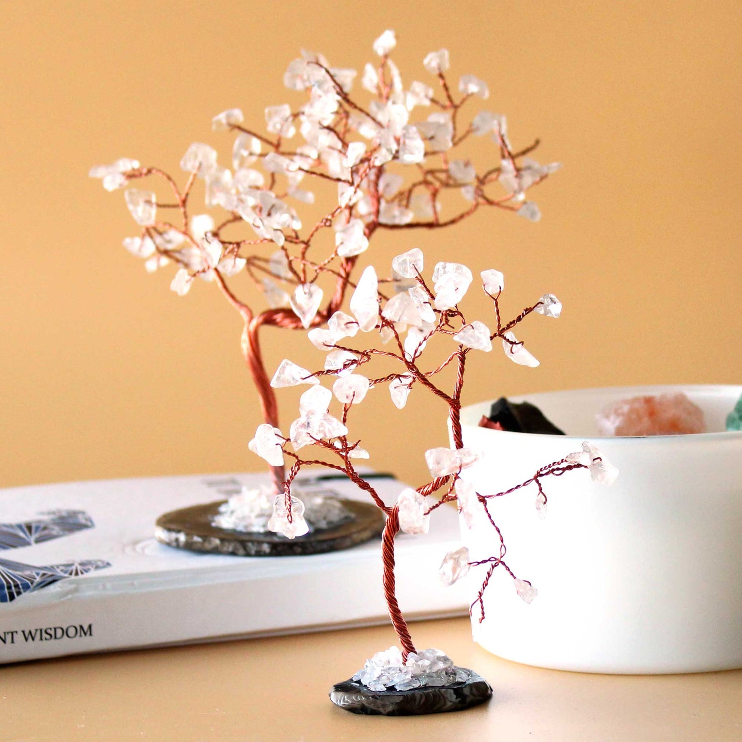Grand Arbre de Pierres Précieuses - Quartz rocheux sur Base d'Agate Naturelle Noire (100 pierres)