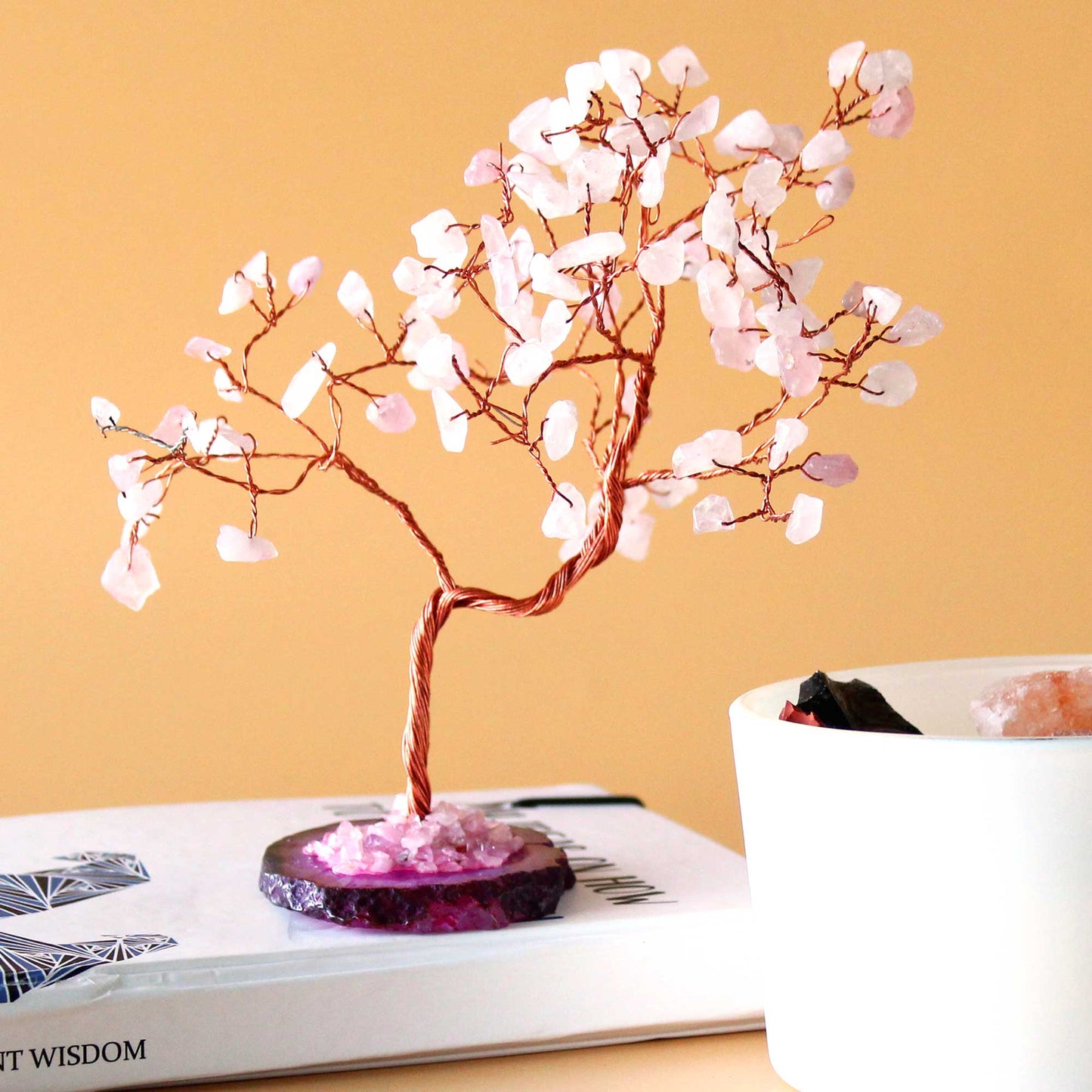 Grand Arbre de Pierres Précieuses - Quartz rose surBase d'Agate Naturelle Rose (100 pierres)