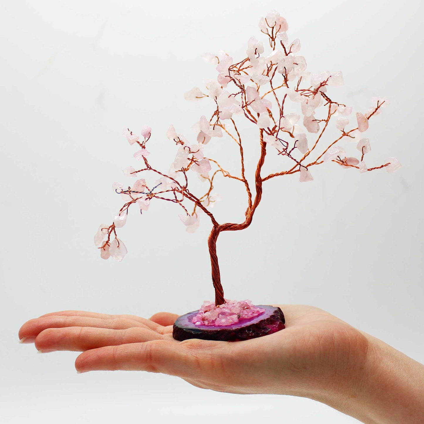 Grand Arbre de Pierres Précieuses - Quartz rose surBase d'Agate Naturelle Rose (100 pierres)
