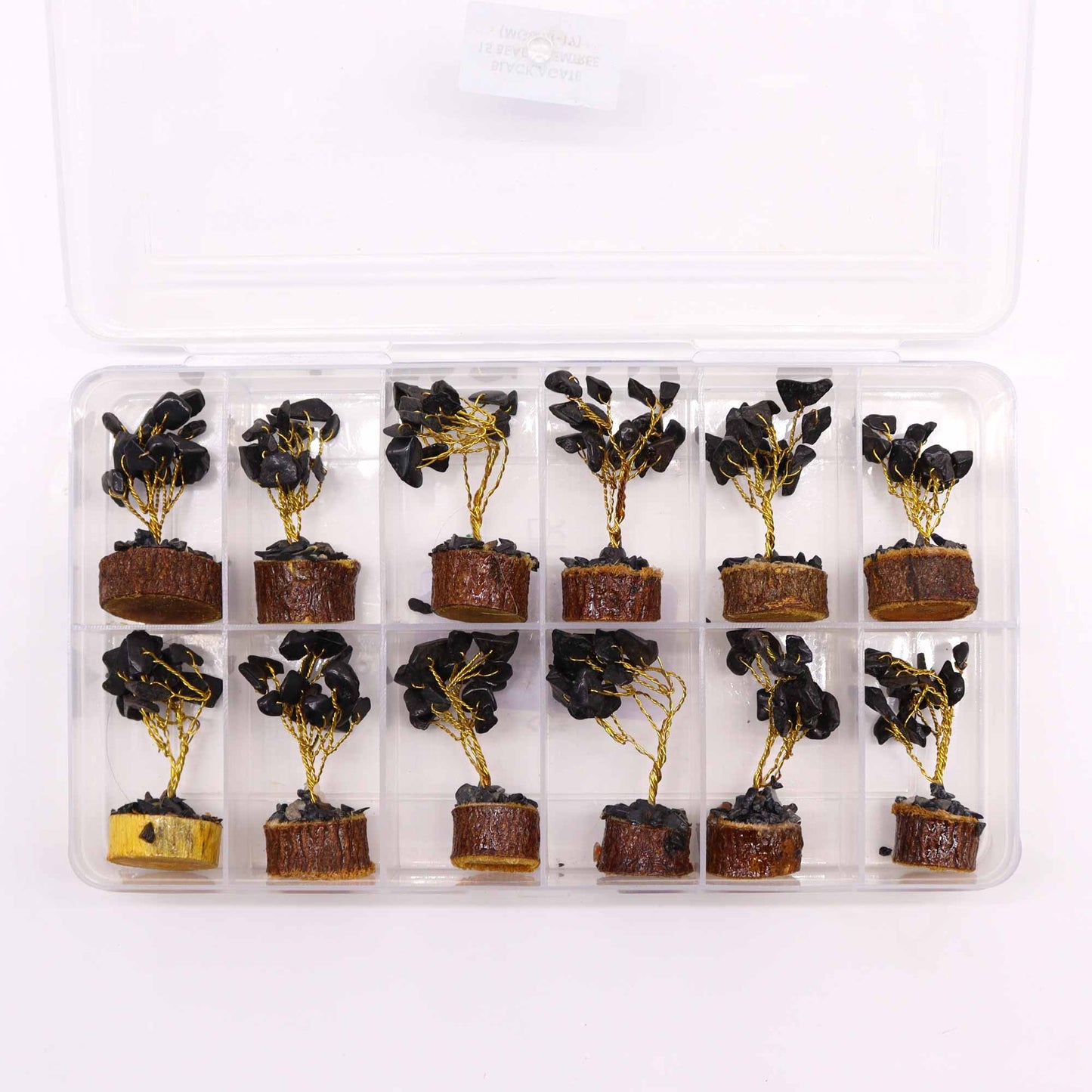 Mini Arbre en Pierres Précieuses sur Socle en Bois - Agate Noire (15 pierres)