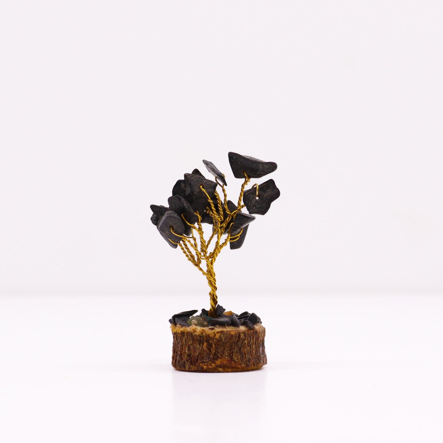 Mini Arbre en Pierres Précieuses sur Socle en Bois - Agate Noire (15 pierres)