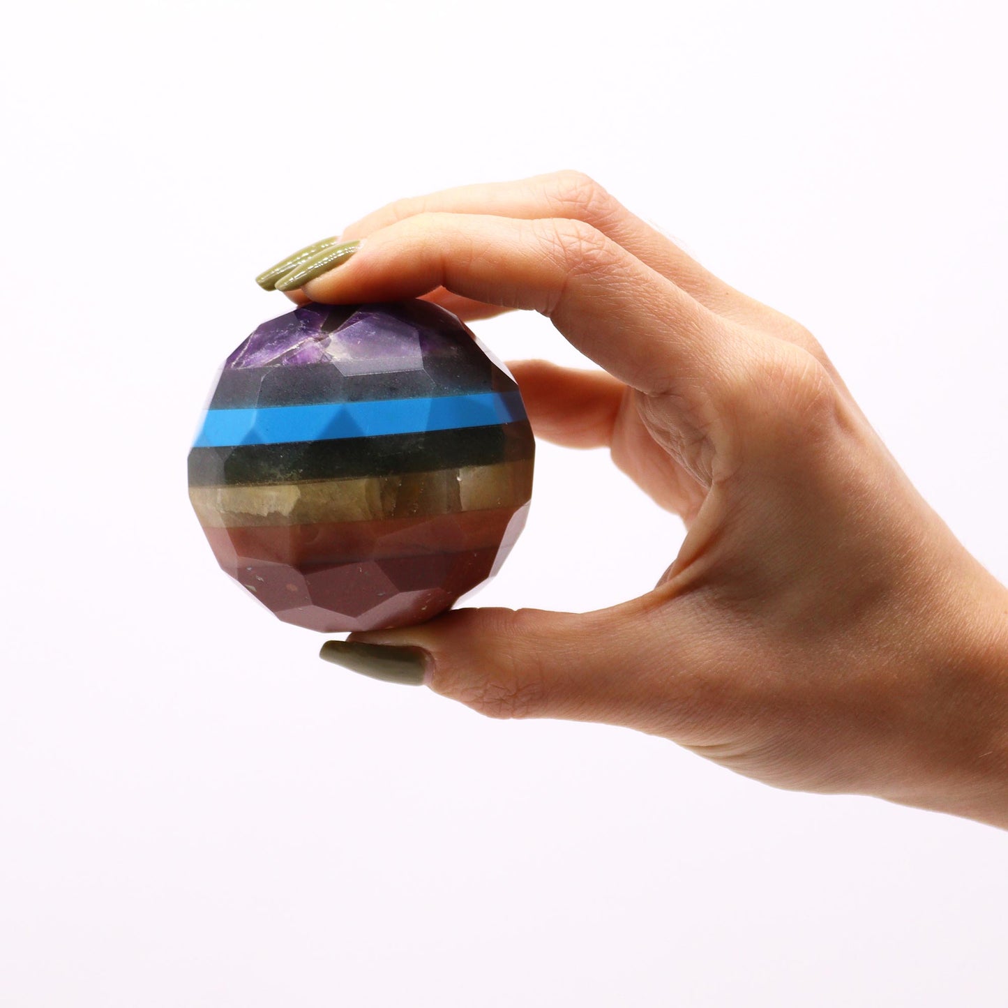 Boule de Guérison à Facettes en Pierres Précieuses & Support - Sept Chakras