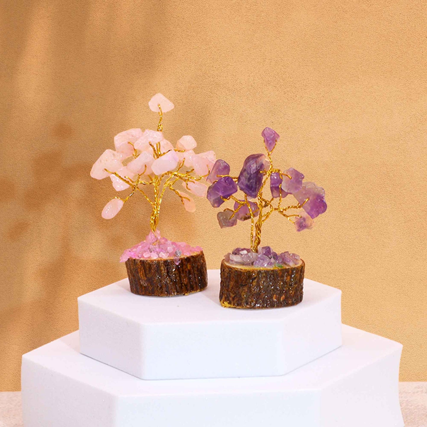 Mini Arbre en Pierres Précieuses sur Socle en Bois - Mélange Assorti (15 pierres)
