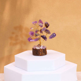 Mini Arbre en Pierres Précieuses sur Socle en Bois - Améthyste (15 pierres)