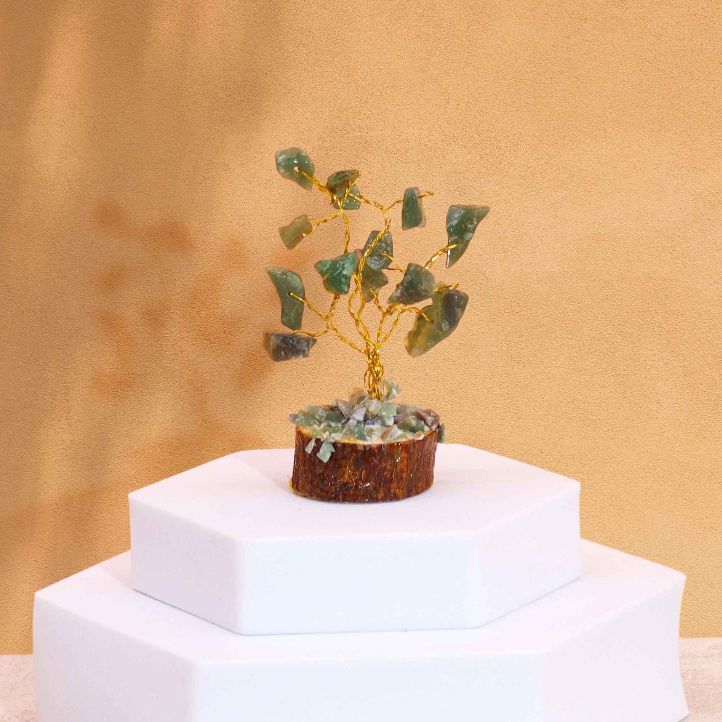 Mini Arbre en Pierres Précieuses sur Socle en Bois - Aventurine Verte (15 pierres)