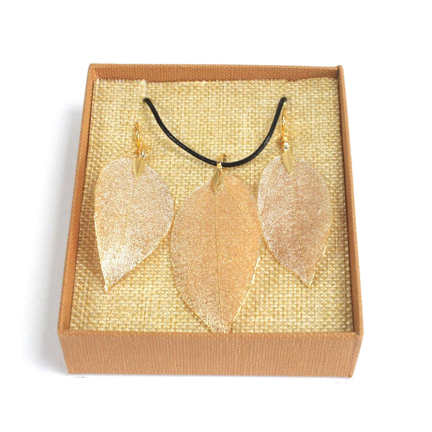 Set Collier Boucles d'Oreilles- Feuilles en Gouttes - Doré